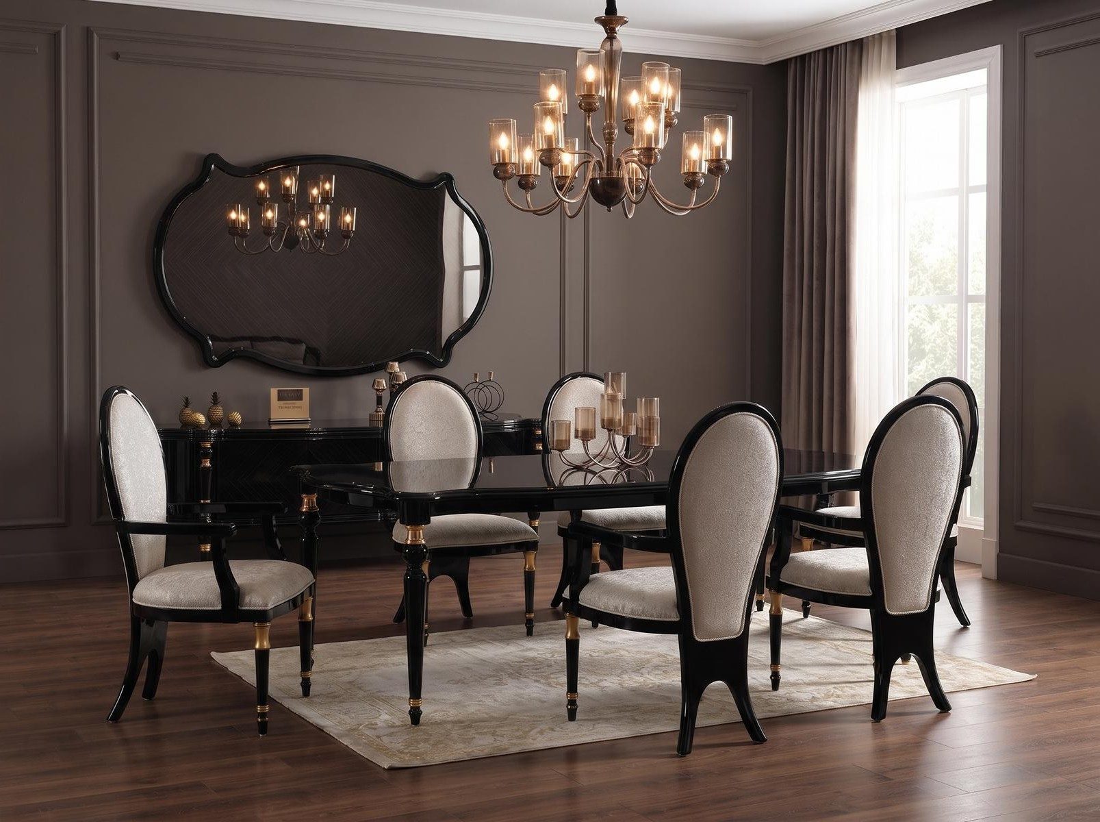Xlmoebel Esszimmer-Set Esszimmer set Esstisch 6x Stühle Wohnwand Modern Schwarz, (9-St., 1x Tisch, 6x Stühle, 1x TV-Sideboard, 1x TV-Rückwand)