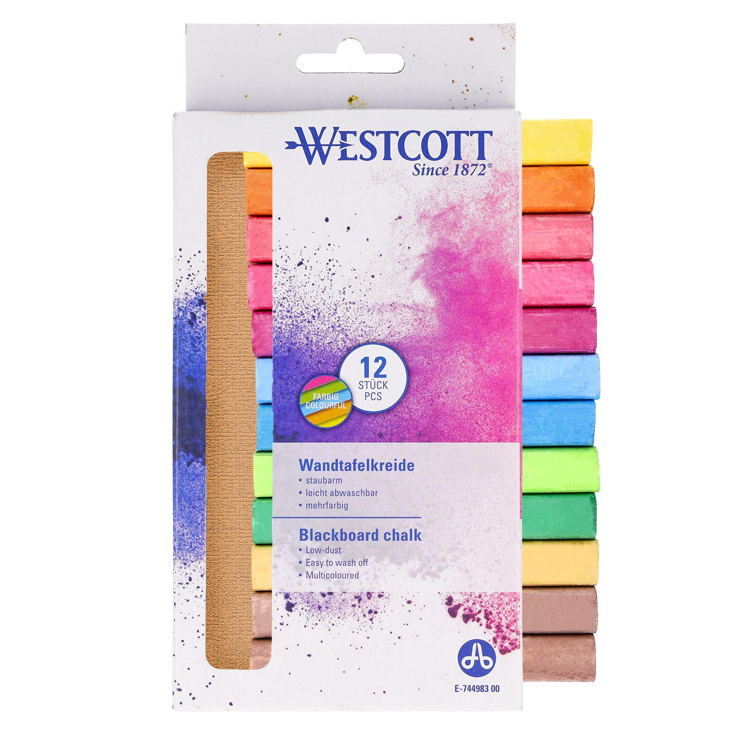 WESTCOTT Malkreide Kreide 12 Stück Bunt, Tafelkreide 1,2cm ⌀ x 8,5cm Kreidestifte, (Vorteilspack, 12-tlg)