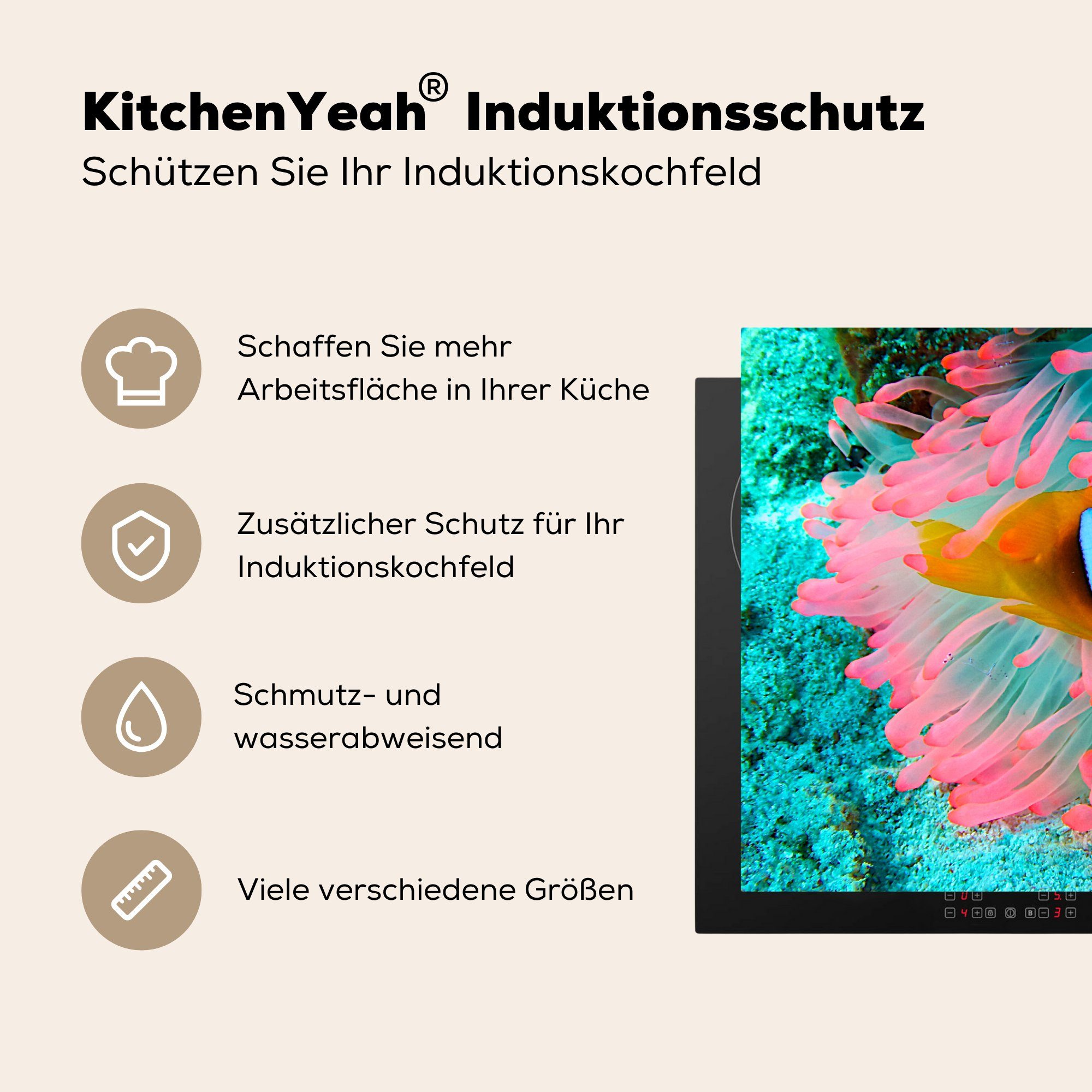 Vinyl, - Anemone küche, - cm, Neon die Induktionskochfeld MuchoWow tlg), (1 für Herdblende-/Abdeckplatte Ceranfeldabdeckung Fisch, Schutz 81x52