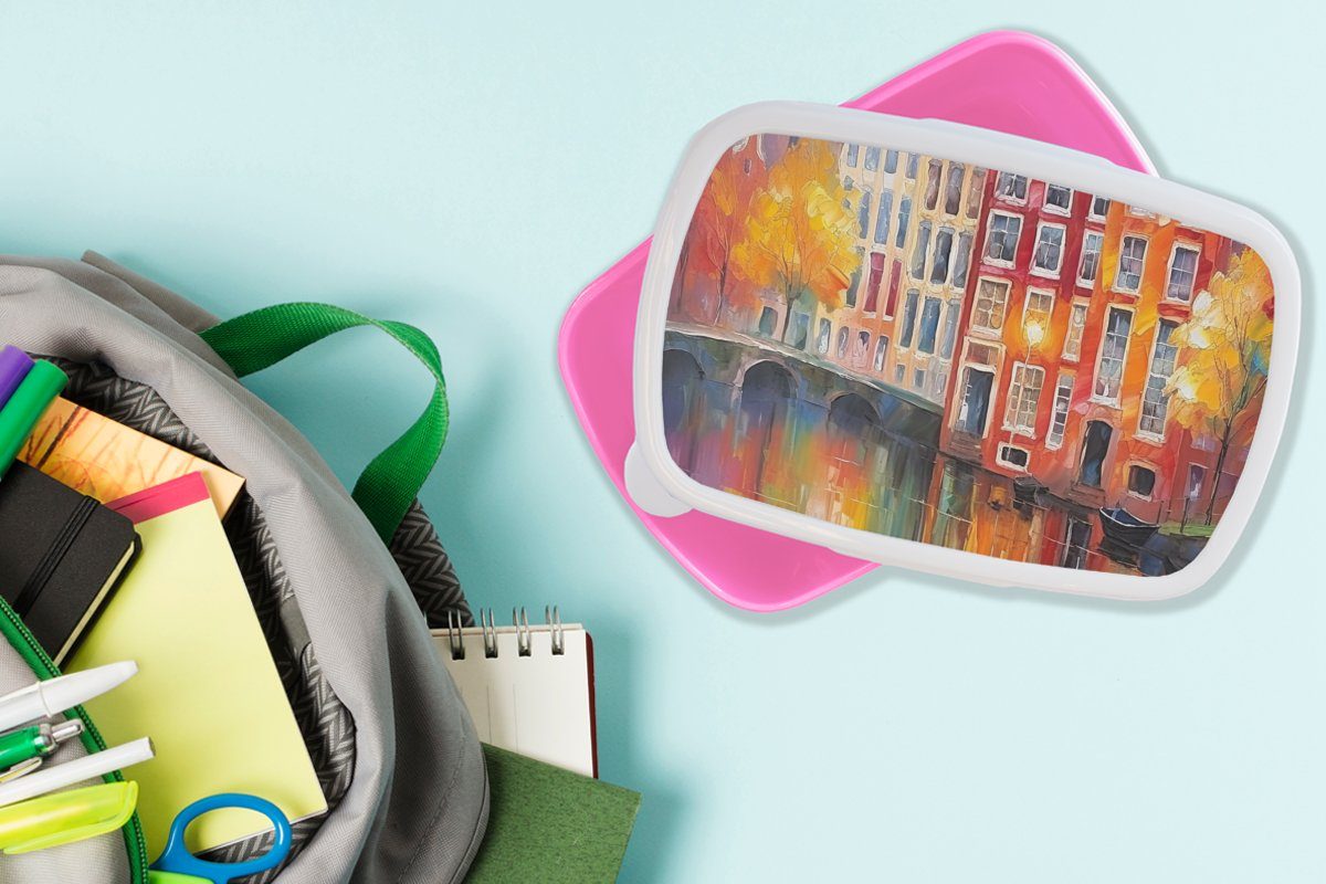 - Erwachsene, Kinder, MuchoWow Snackbox, für (2-tlg), Lunchbox Brotbox Malerei Kunststoff, Brotdose Kunststoff Kunst - Mädchen, Grachtenhäuser Amsterdam, rosa -