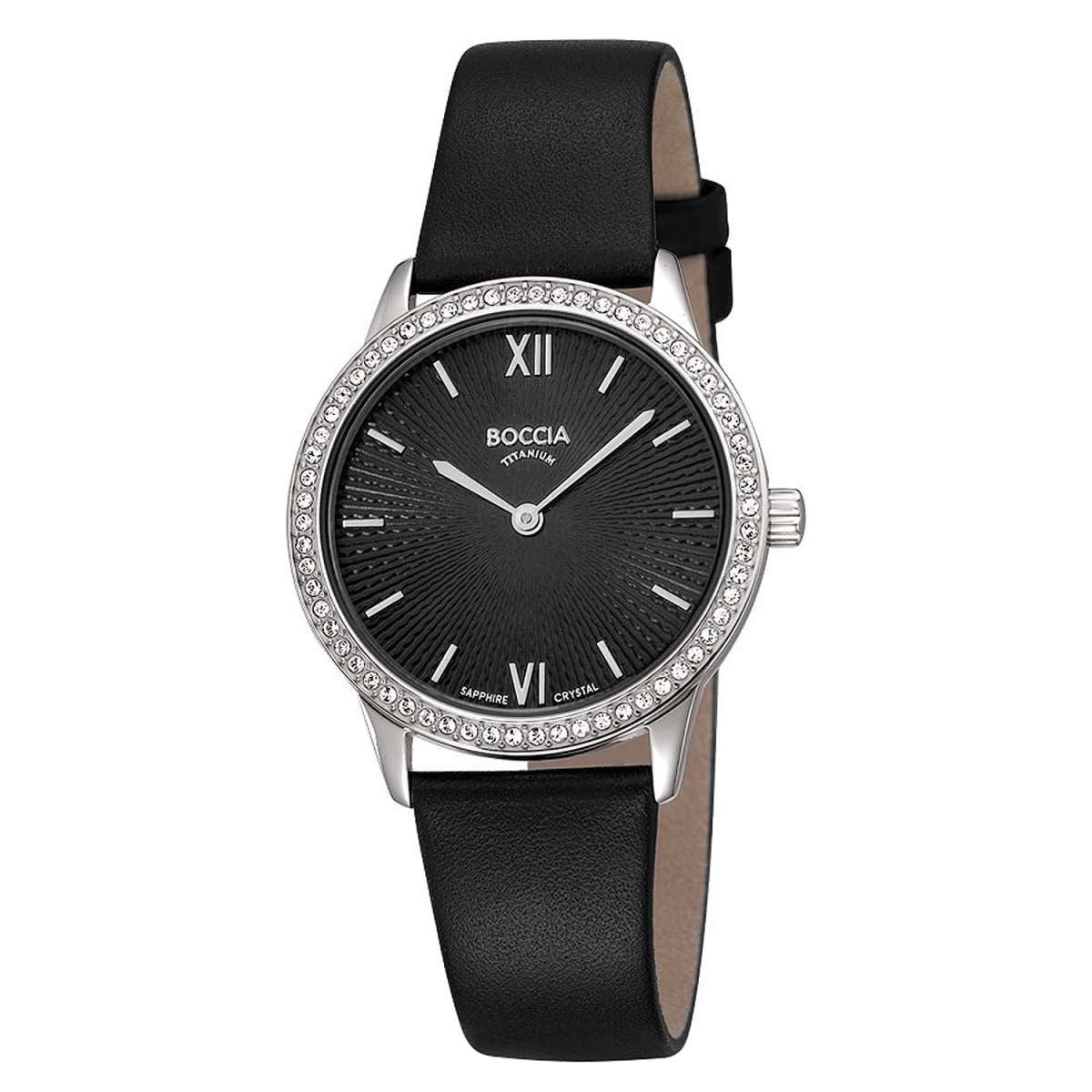 Boccia Quarzuhr 3382-01, Damenuhr Quarz Titan mit Lederband Schwarz