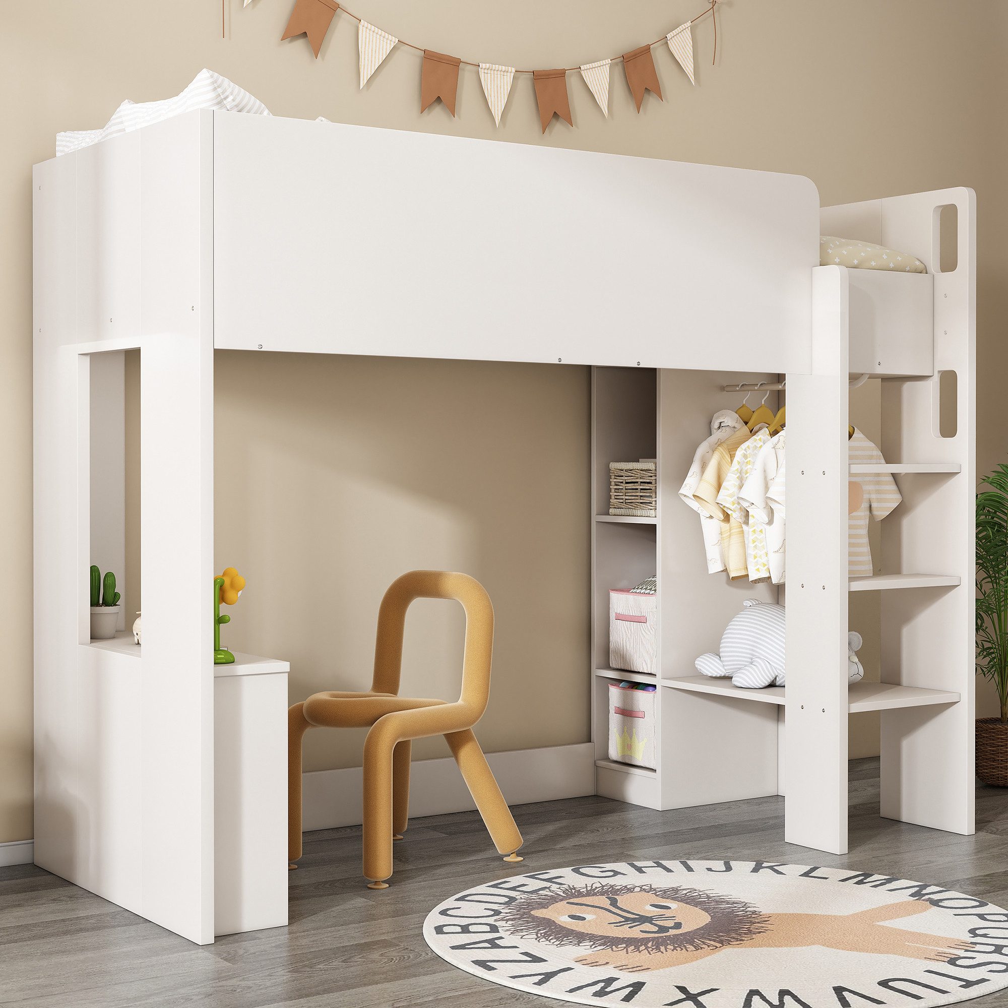Ulife Hochbett 3-in-1 Holzbett mit Kleiderschrank, offenen Regaleinheiten ( günstig online kaufen