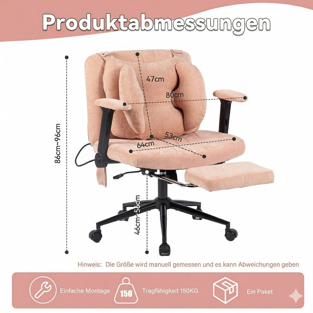 Leawin Drehstuhl Ergonomischer Bürostuhl mit Air-Lordosenstütze, Breiter Drehstuhl mit Rollen, weich gepolstert bis 150 kg