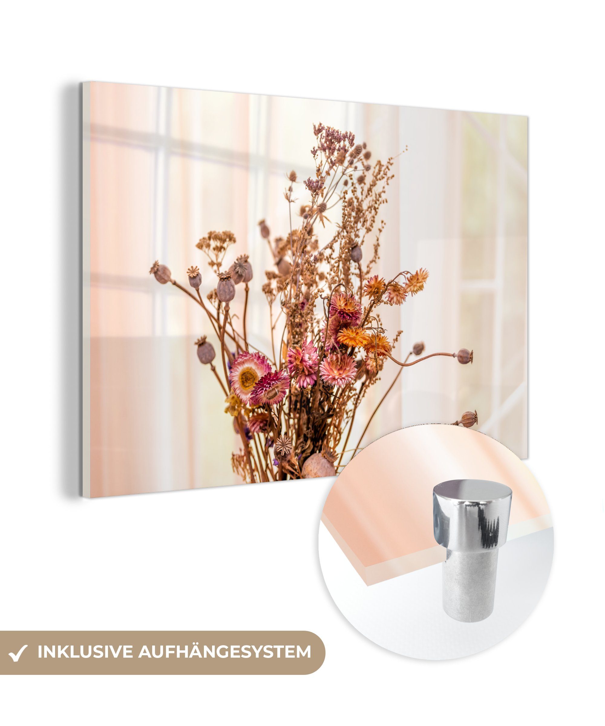 MuchoWow Acrylglasbild Getrocknete Blumen - Stillleben - Farben, (1 St), Glasbilder - Bilder auf Glas Wandbild - Foto auf Glas - Wanddekoration