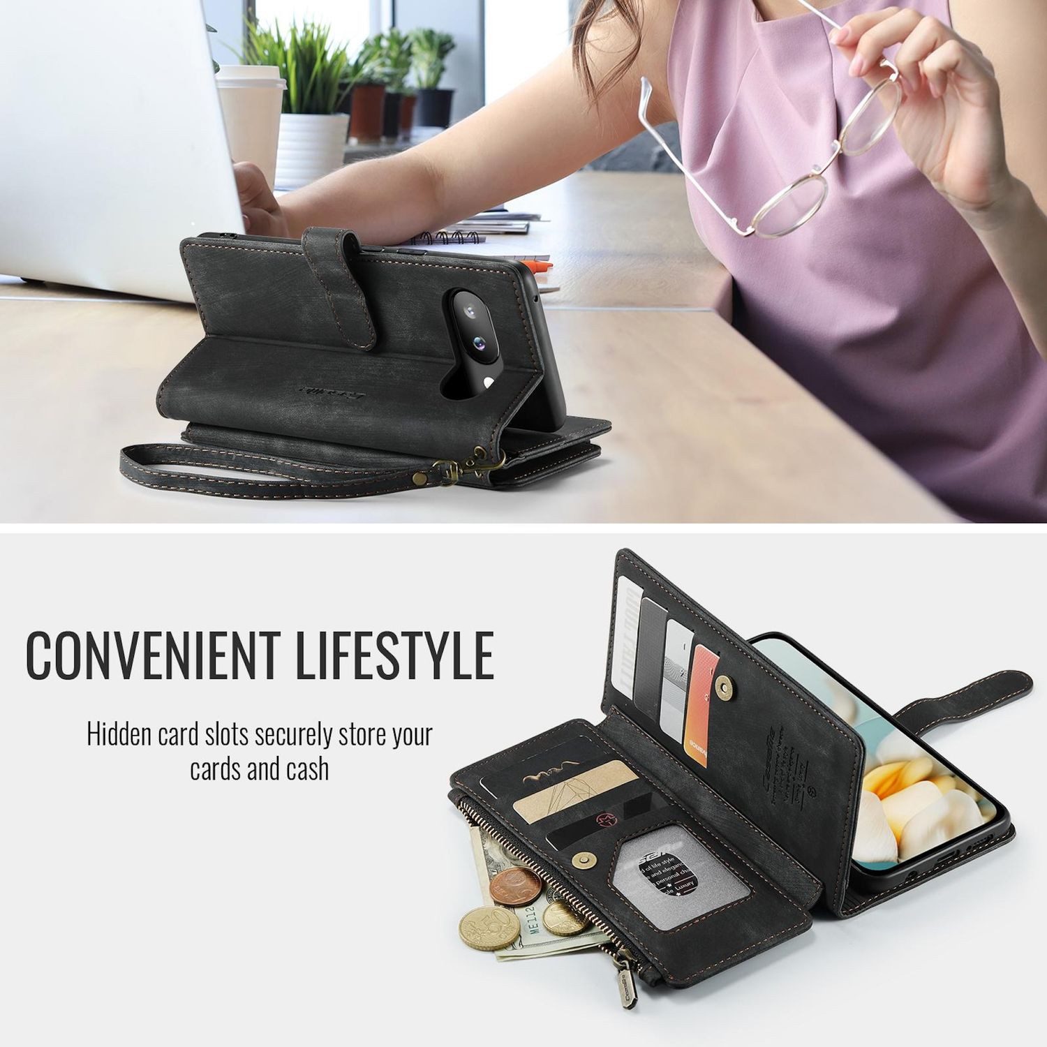 CaseMe Handyhülle Für Google Pixel 9a Kunstleder Multifunktion C30 Wallet Tasche Schwarz, Kunst-Leder Schutz Tasche Smart Case Multifunktion