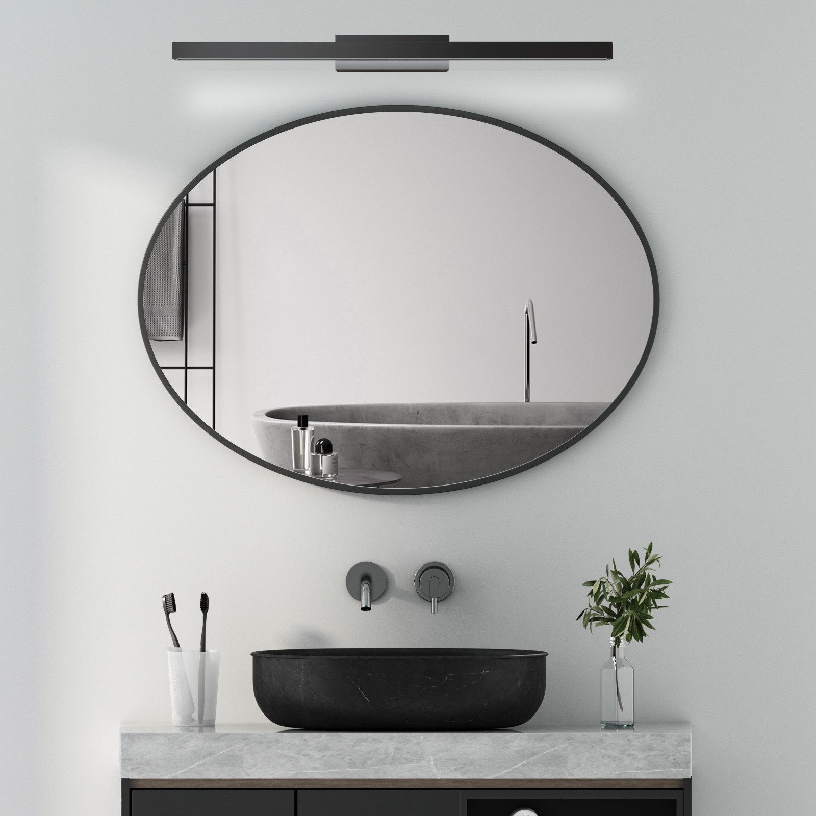 WDWRITTI Badspiegel Oval mit 60cm LED Spiegelleuchte Wandspiegel mit Licht Kaltweiß 6500K (Spiegel mit Alurahmen, 80x60, 70x50), Badezimmerspiegel mit Beleuchtung Set