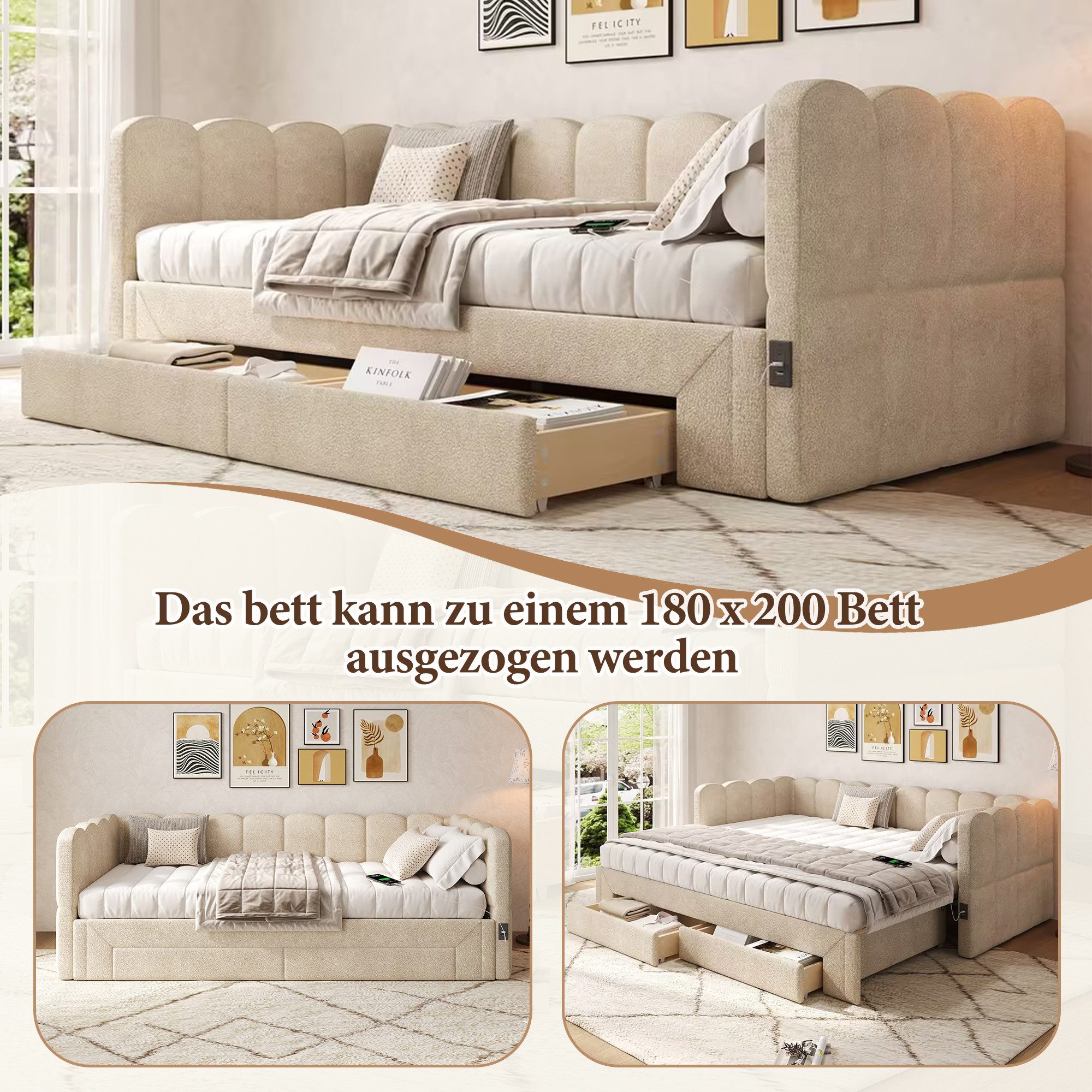 Flieks Daybett, Polsterbett Tagesbett 90/180x200cm mit Ausziehbett, 2 Schubladen, USB