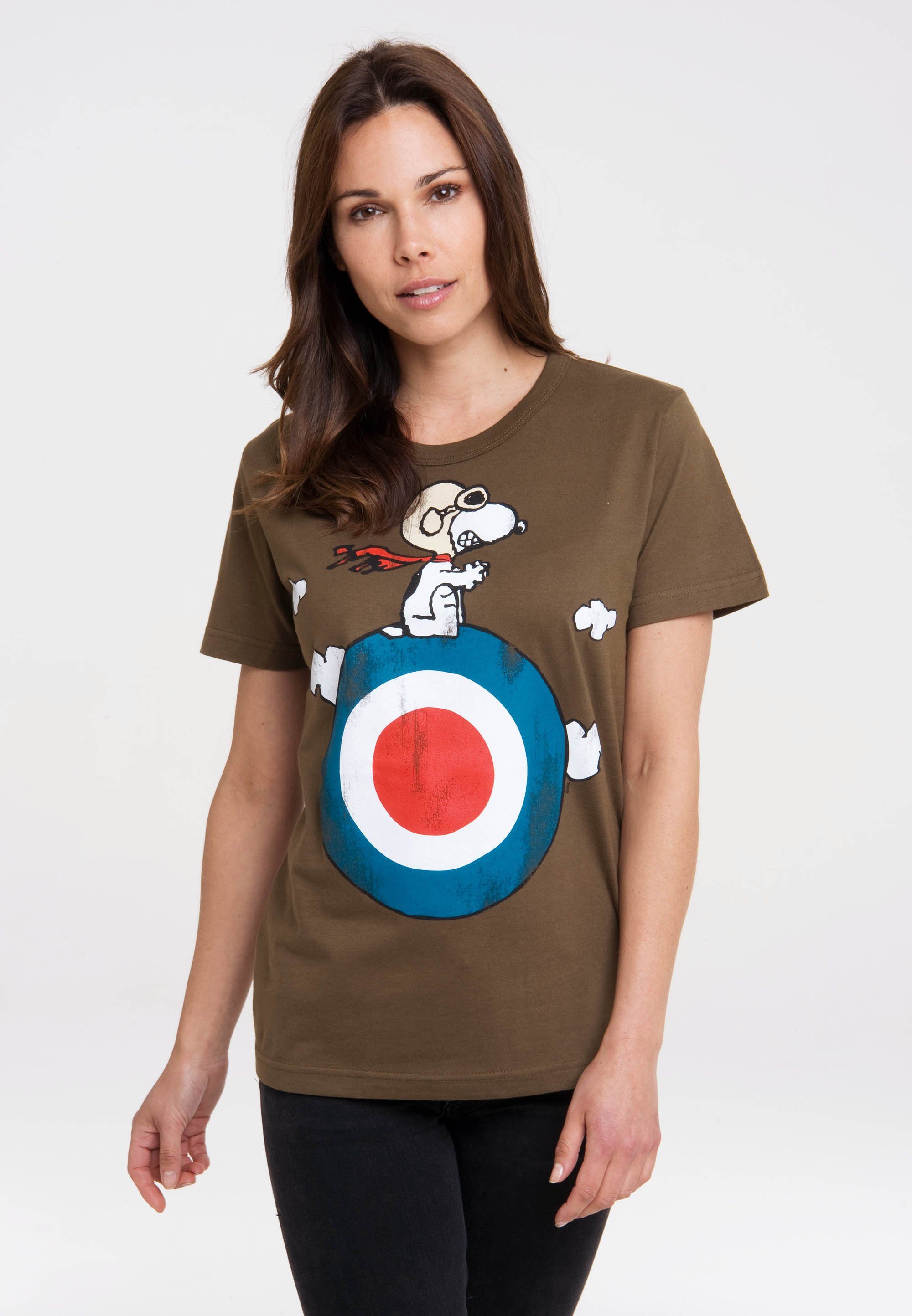 LOGOSHIRT T-Shirt lizenziertem Peanuts - olivgrün-grün Snoopy mit Print