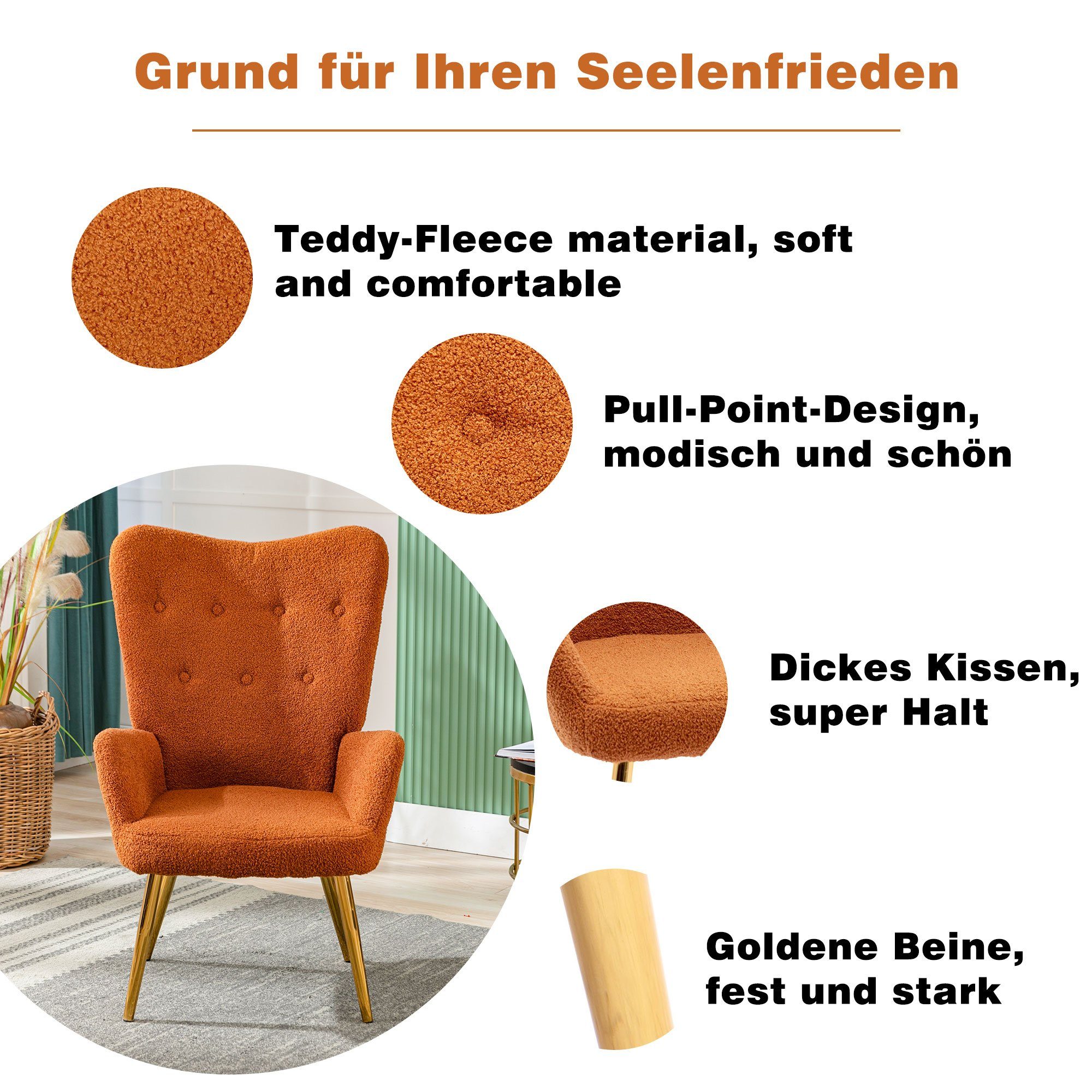 Ohrensessel, Polstersessel mit Hocker Fernsehsessel, Teddy-Fleece