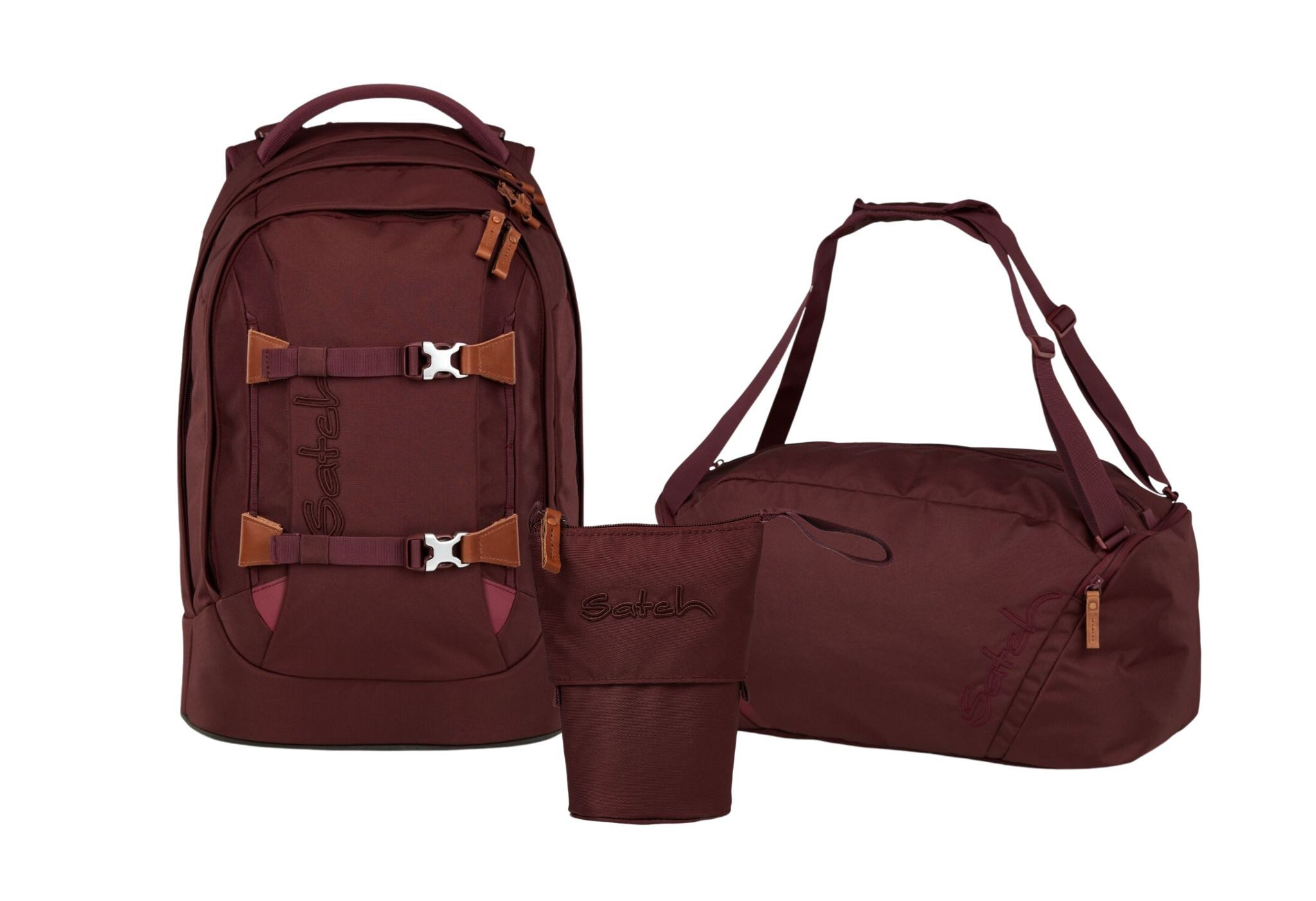 Satch Schulranzen Schulrucksack-Set PACK Nordic Ruby 3-teilig (3-teilig), ergonomisch, Your-Size-System: auf Körpergröße anpassbar