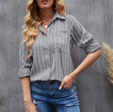 AFAZ New Trading UG Hemdbluse Bluse Damen Langarm Casual Streifen Oberteile Hemd Lose V-Ausschnitt Langarmshirt Blusen Tops Elegant