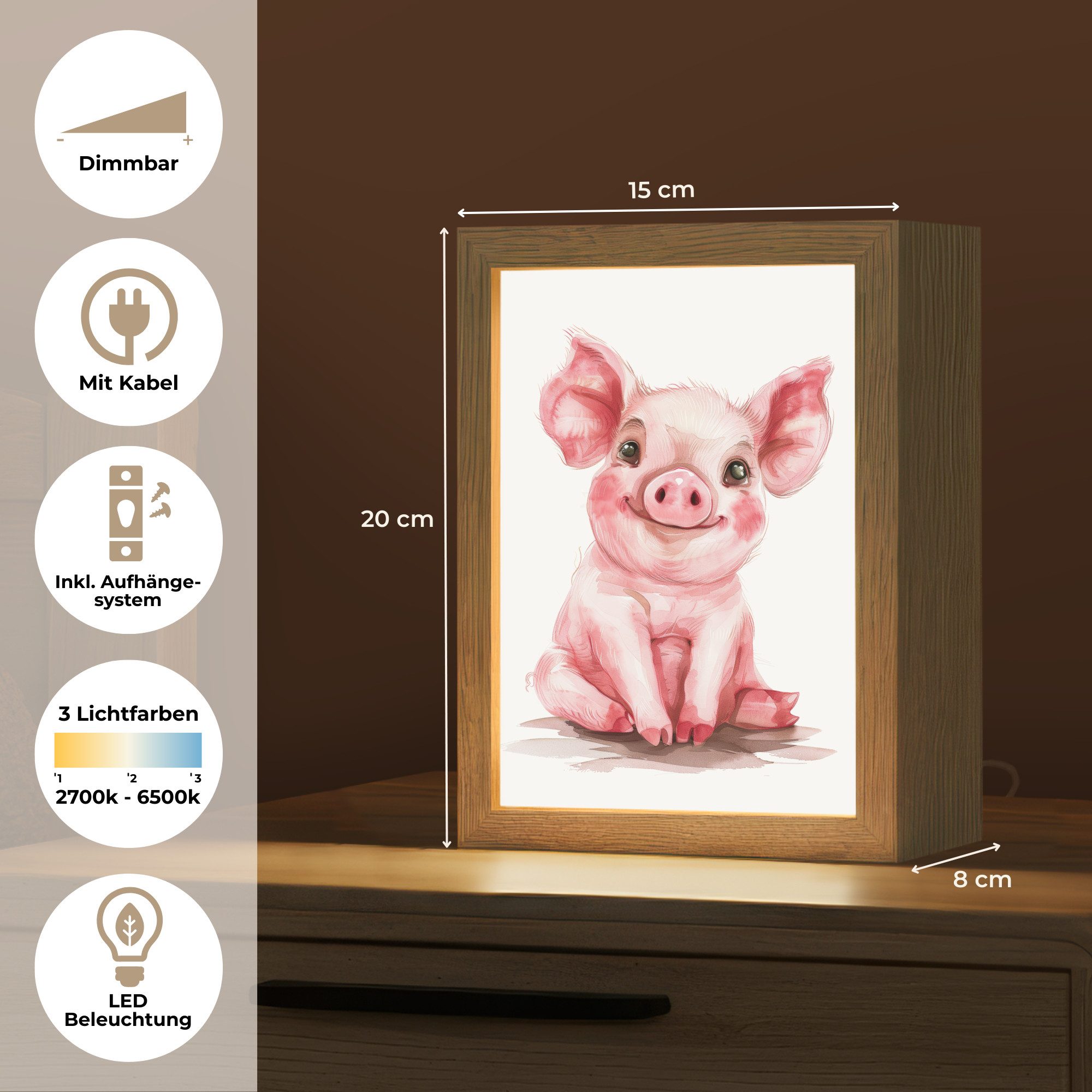 OnlyWow Nachttischlampe Lightbox Schwein - Rosa - Babytier - Bauernhoftiere - Mädchen, Dimmbar, Farbwechsel, LED, Warmweiß, Kaltweiß, Neutralweiß Einstellbar, Kinderzimmer, Babyzimmer, Dimmbar, mit Kabel, Nachtlampe, LED