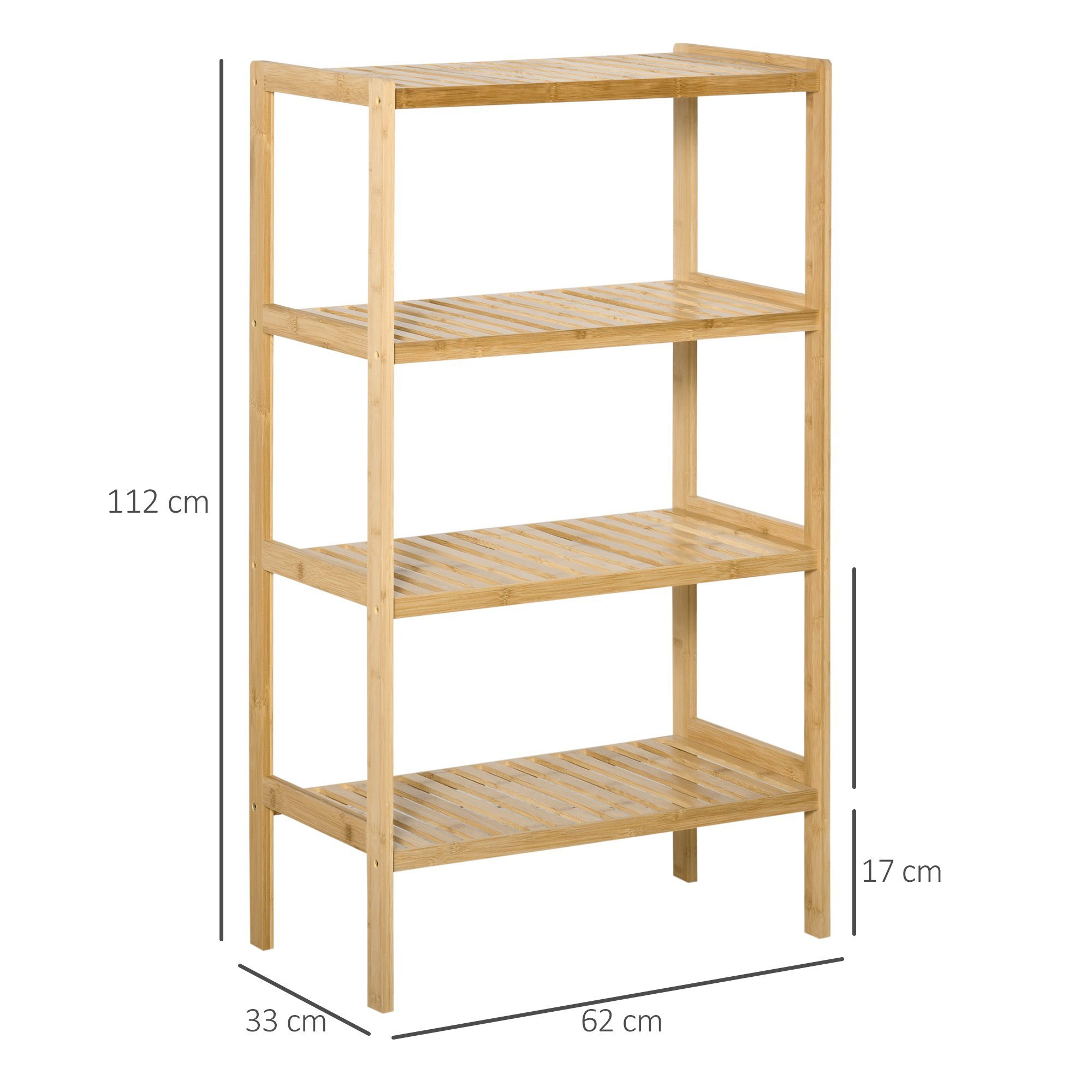 HOMCOM Standregal Bücherregal 4-stufiges Bambusregal Büroregal Lagerregal Aktenregal, für Bad Küche Wohnzimmer Schlafzimmer 1-tlg., Bambus Natur 62 x 33 x 112 cm