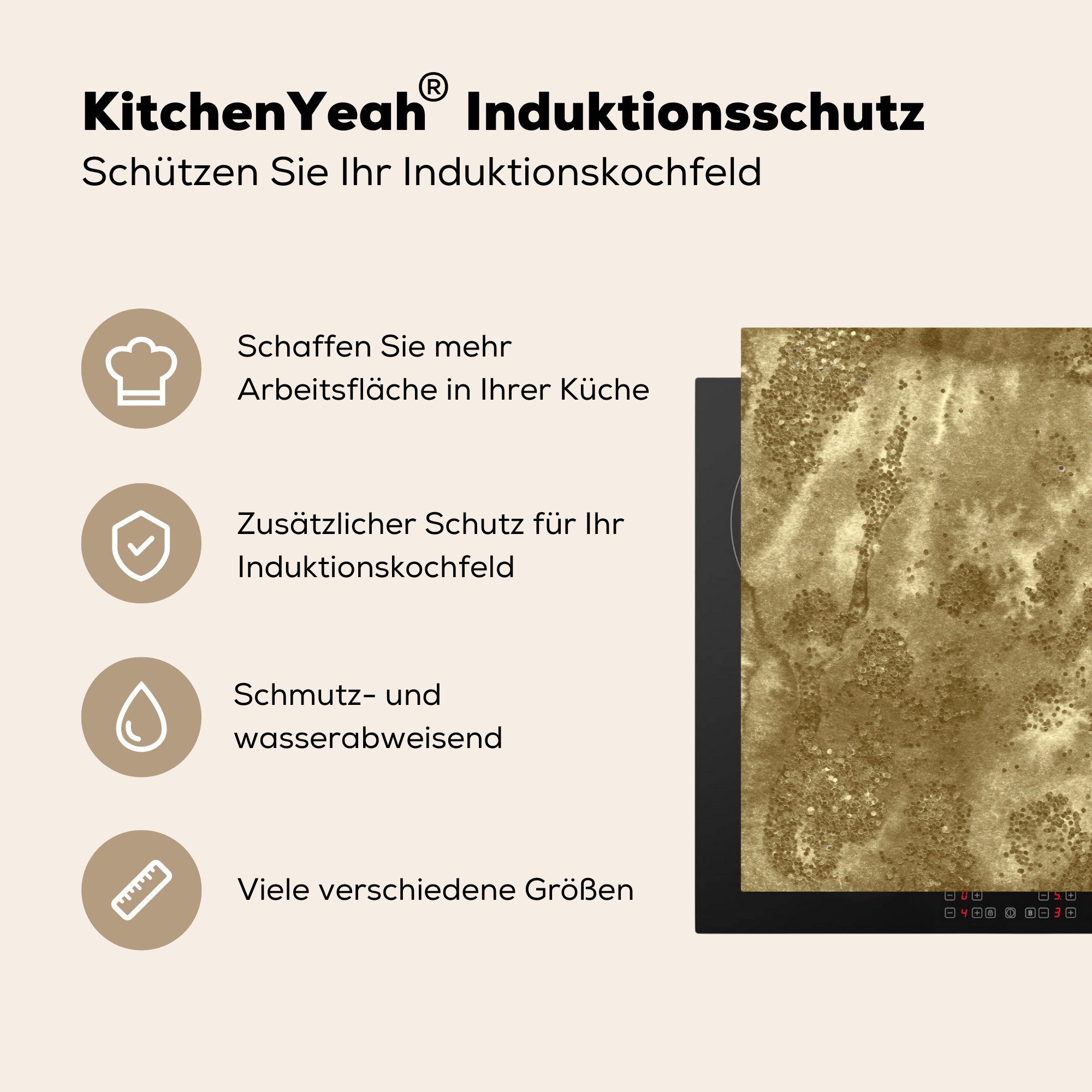 Schutz Induktionskochfeld küche, - die Gold 81x52 (1 Ceranfeldabdeckung Farbe für cm, Luxus, tlg), - Vinyl, MuchoWow Herdblende-/Abdeckplatte