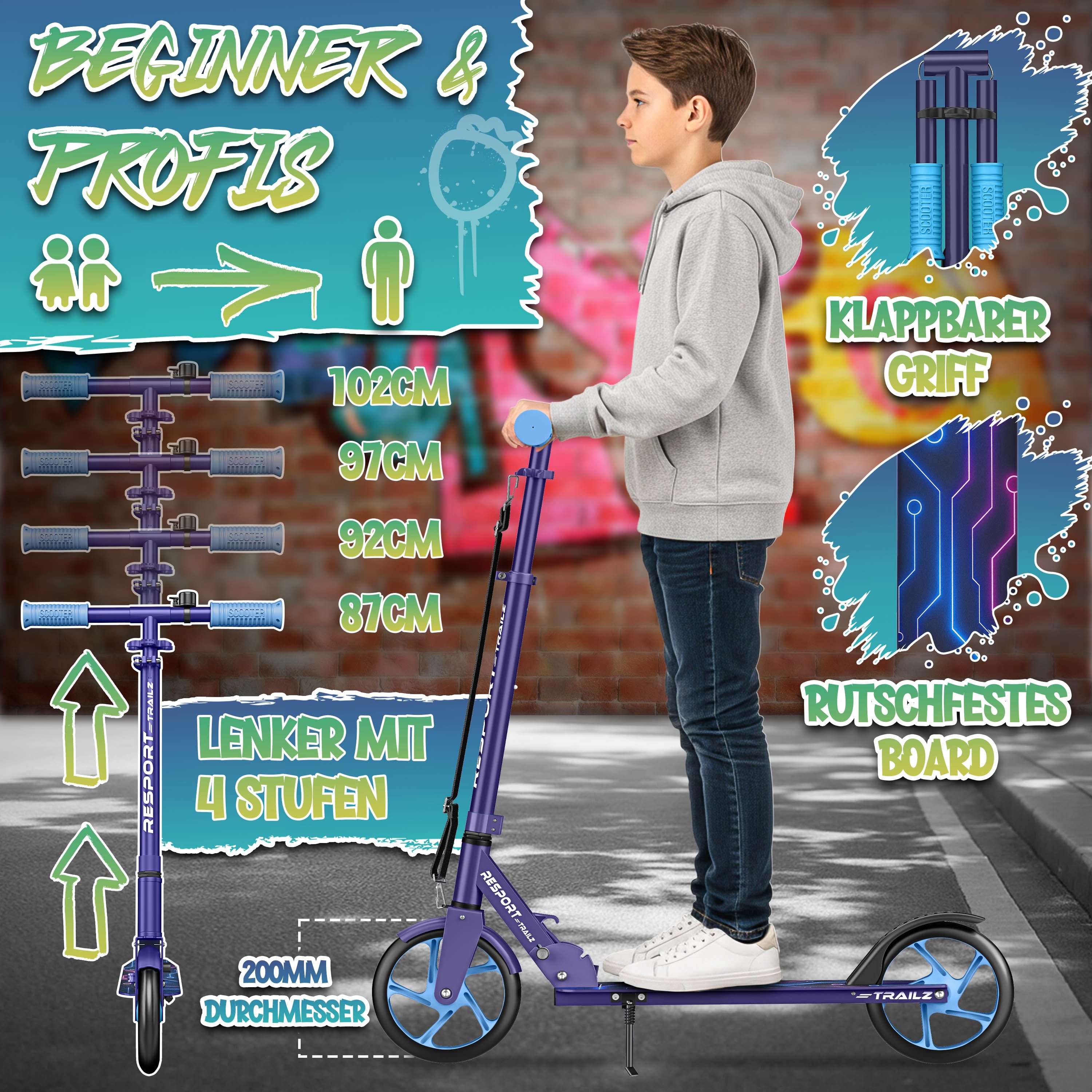 RE:SPORT Cityroller RE:SPORT® Trailz Cityroller Scooter inkl. Tragegurt und Klingel 200mm, (Scooter höhenverstellbar & klappbar, Kinderroller große Räder Kickscooter Kickroller), Cityroller für Kinder & Erwachsene Klingel & Tragegurt