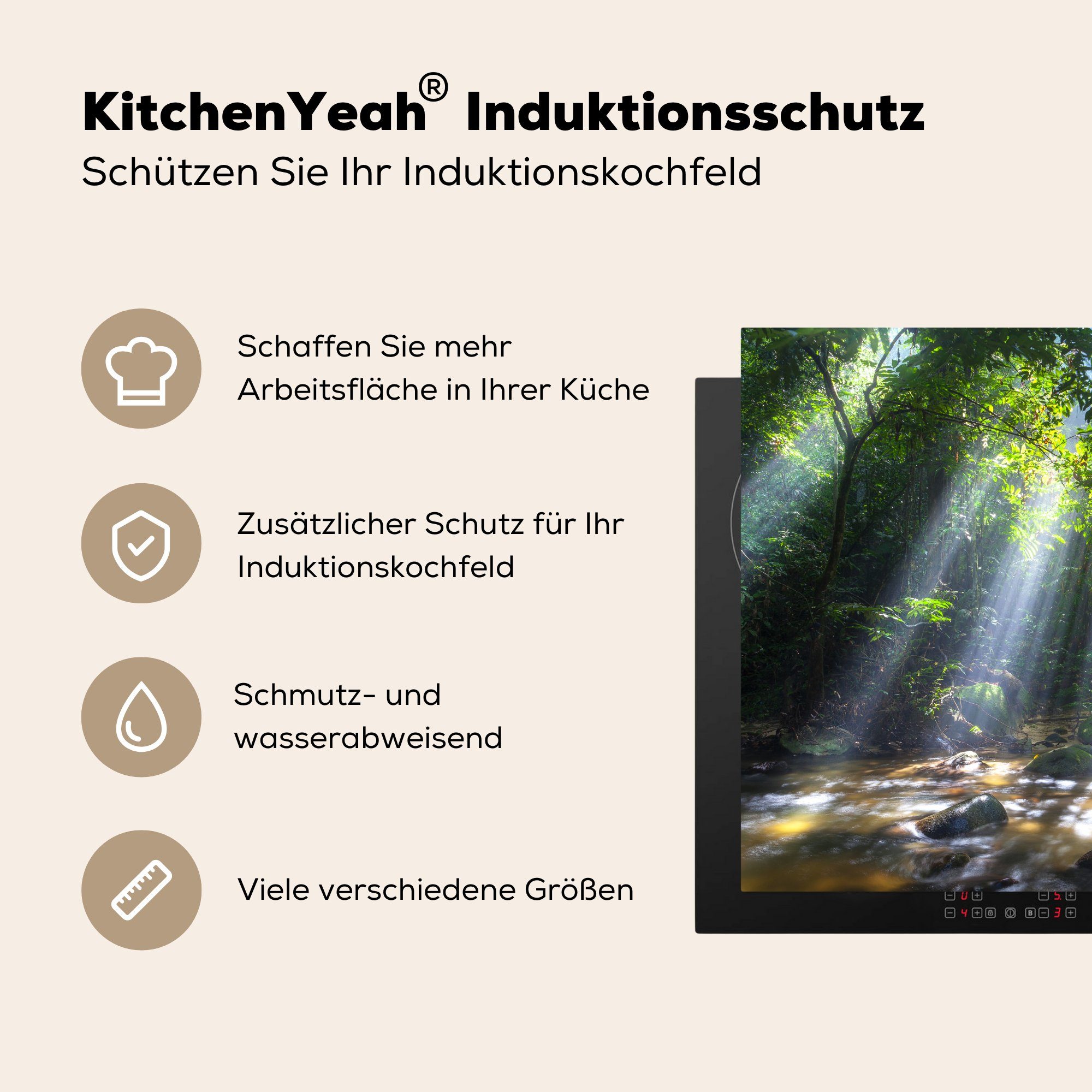 MuchoWow Herdblende-/Abdeckplatte für küche in Regenwald, 78x78 (1 tlg), Sonnenstrahlen Ceranfeldabdeckung, Vinyl, leuchten Arbeitsplatte Malaysias cm