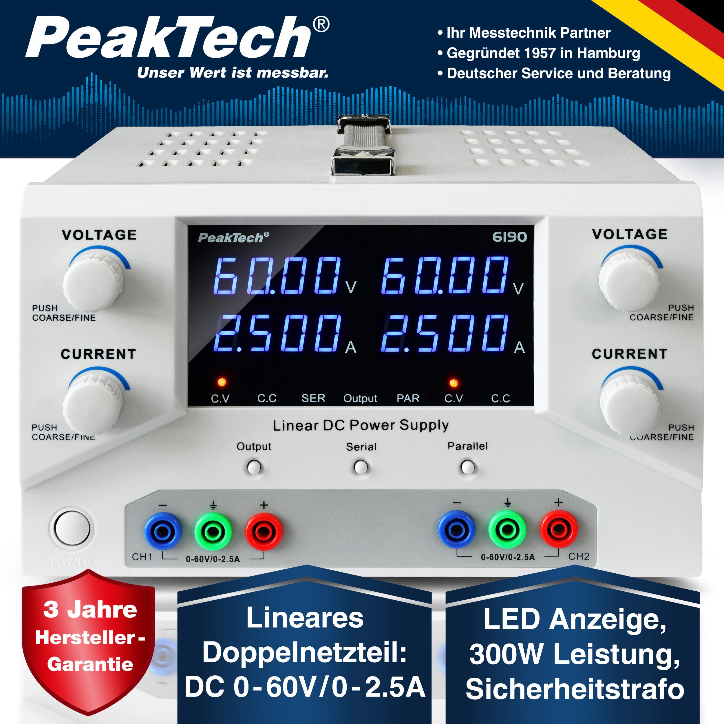 PeakTech 60 V 5 A DC Labornetzteil 2×0–60 V/0–2,5 A SELV Labor-Netzteil