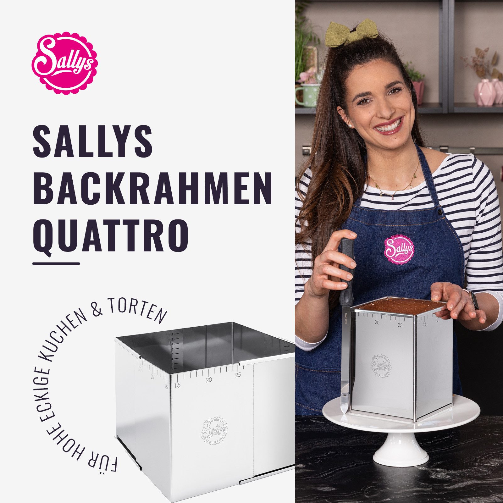 Sallys Backrahmen Kuchenrahmen verstellbar mit Innen & Außenskalierung, rechteckig, (4 tlg., Mit Innen- & Außenskalierung, langlebig und pflegeleicht), Tortenrahmen Edelstahl, 14,5 × 14,5-26 × 26 cm, verstellbar