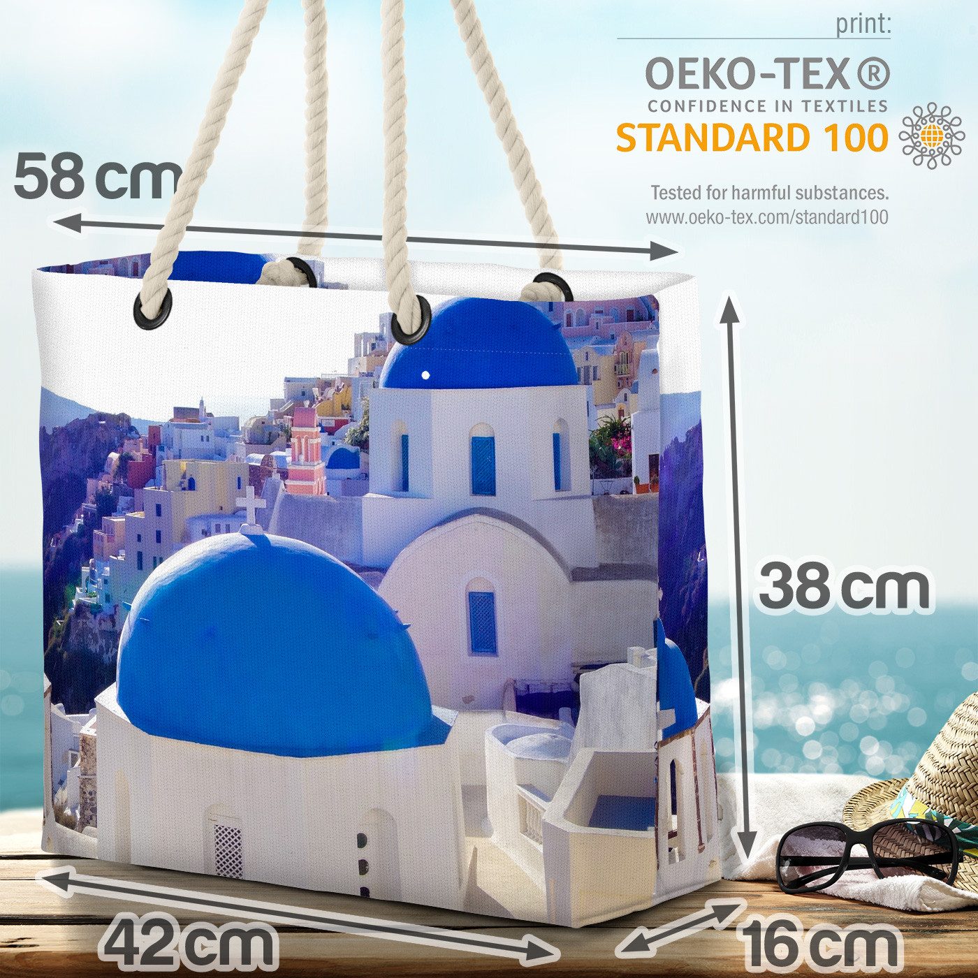 VOID Strandtasche (1-tlg), Santorini Beach Bag Griechenland Urlaub Insel Blaue Dächer Reise Mee