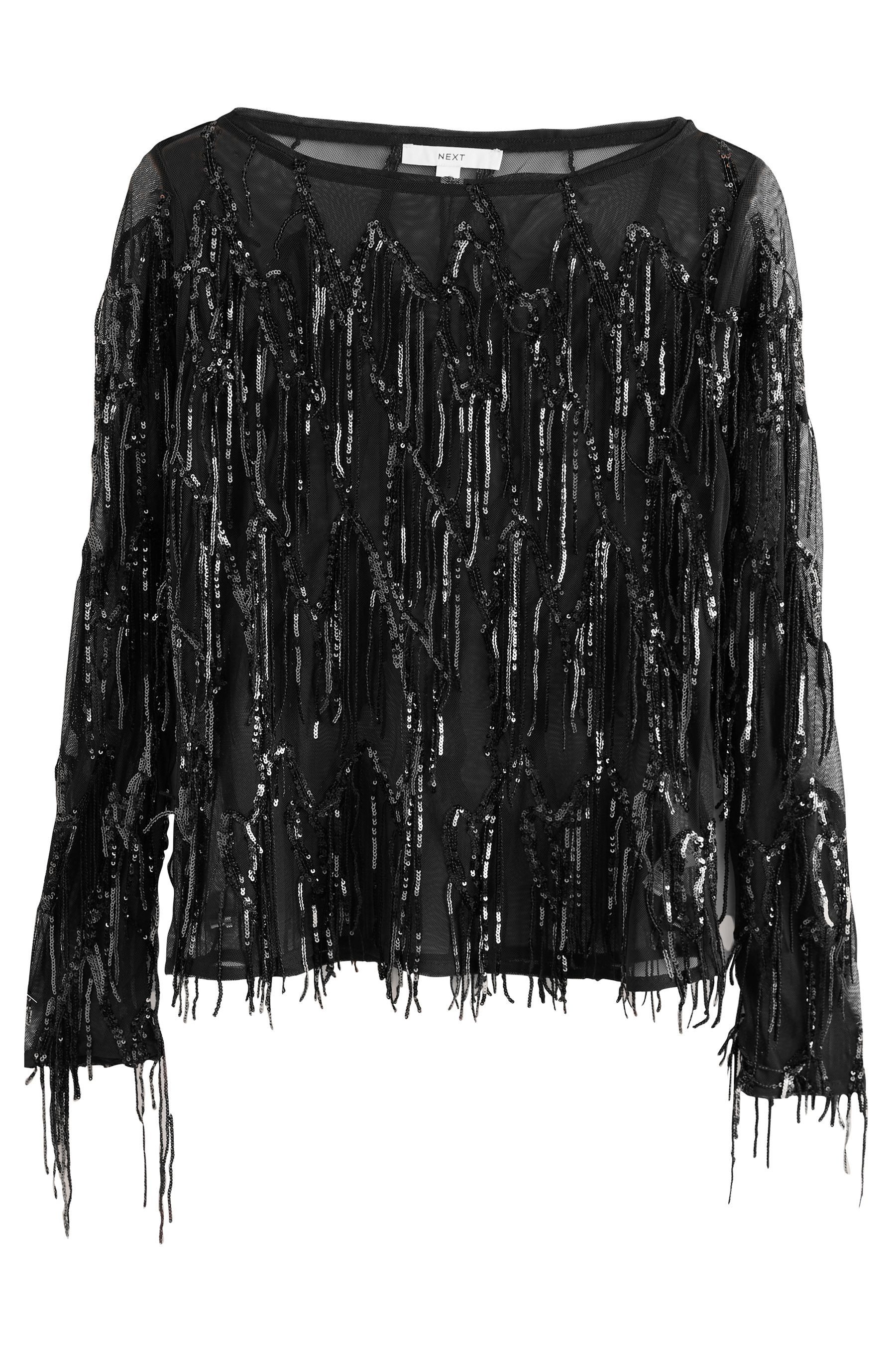 Next Langarmbluse Oberteil mit Kerbausschnitt, Pailletten + Fransen (1-tlg) günstig online kaufen