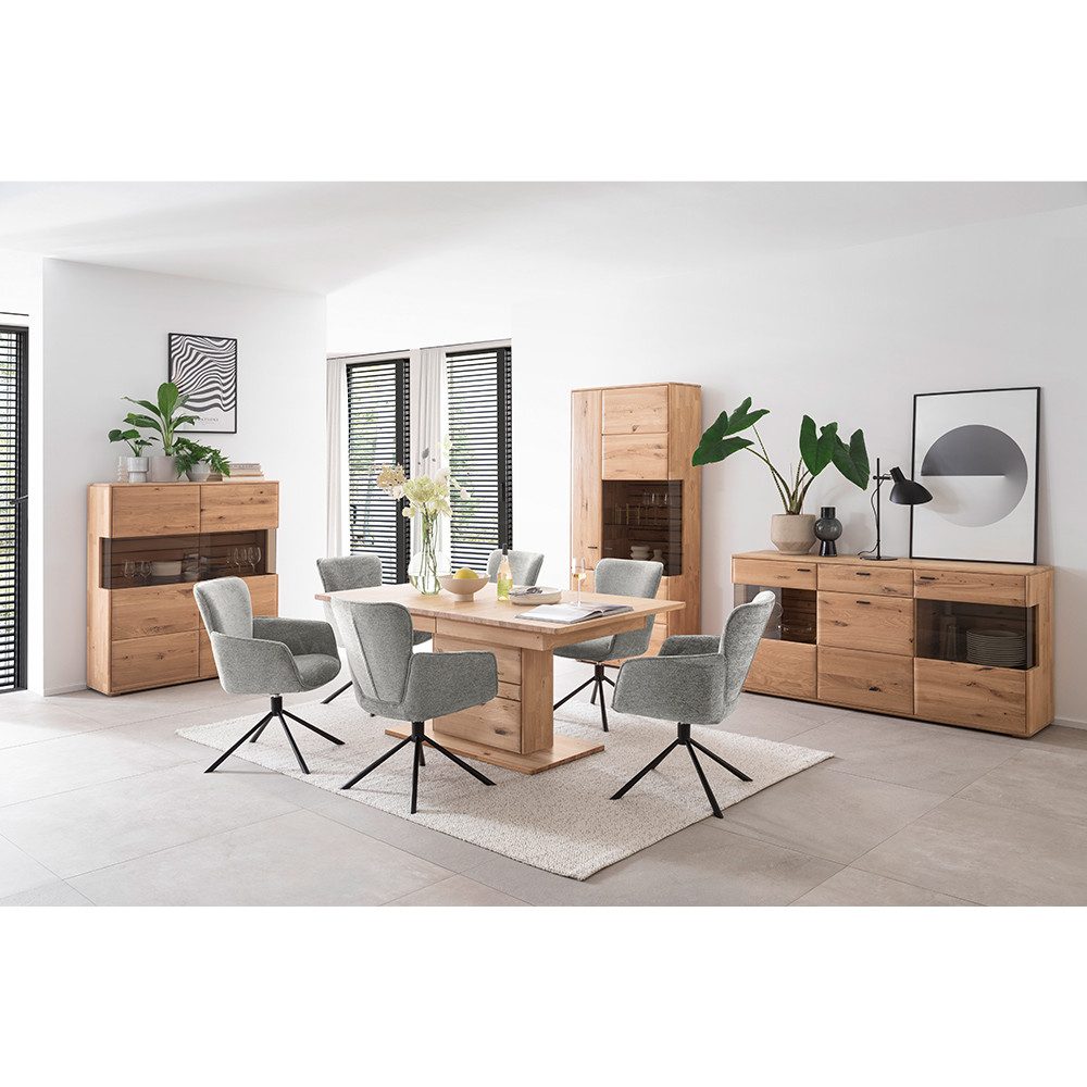 Lomadox Esszimmer-Set GALWAY-05, (Spar-Set, 4-St., Highboard Vitrine Sideboard Esstisch), Esszimmermöbel, Eiche massiv geölt, Tisch ausziehbar 180/230cm