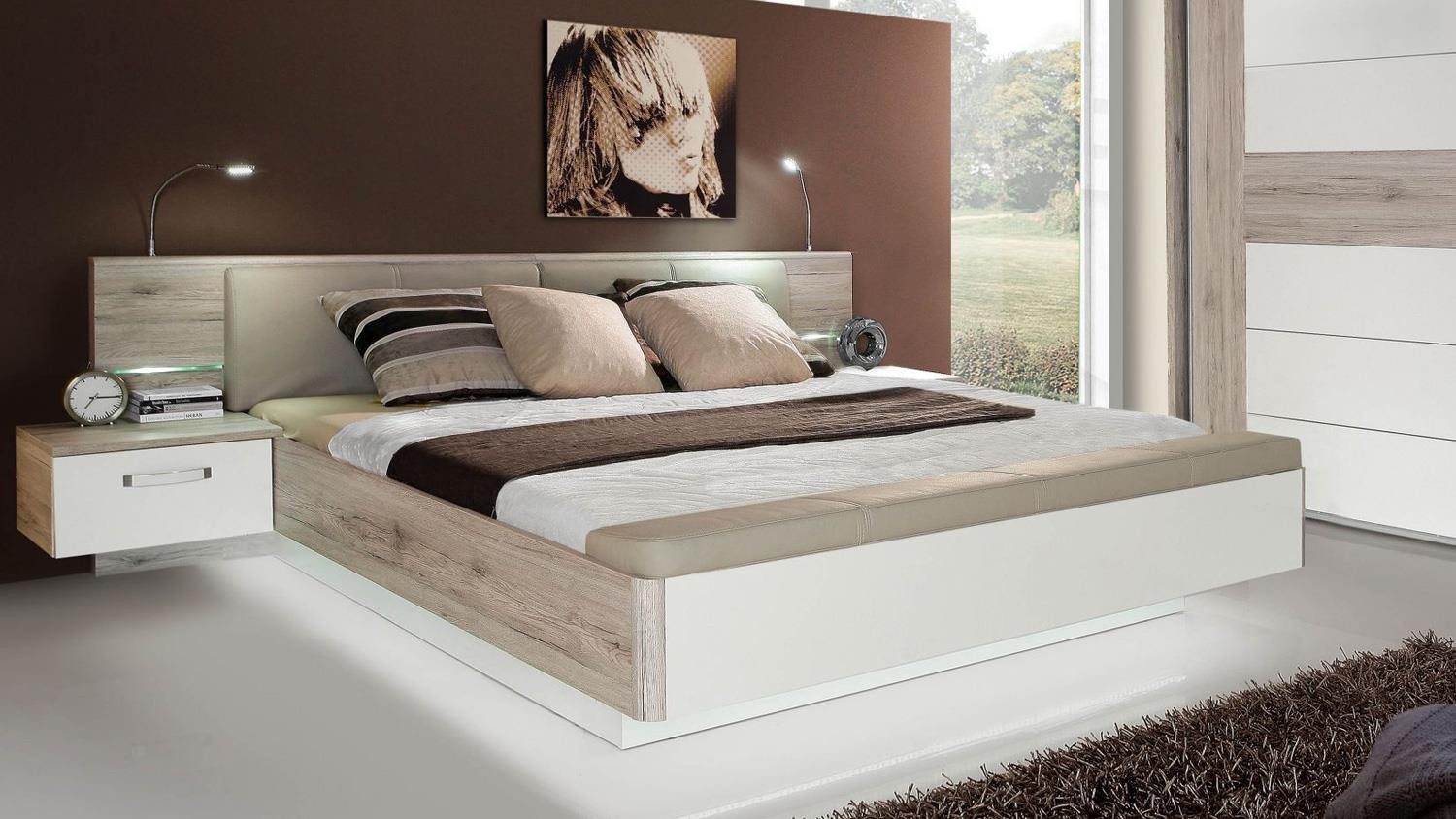 Forte Bettgestell Bettanlage Rondino Sandeiche und weiß Hochglanz mit LED 180x200 cm