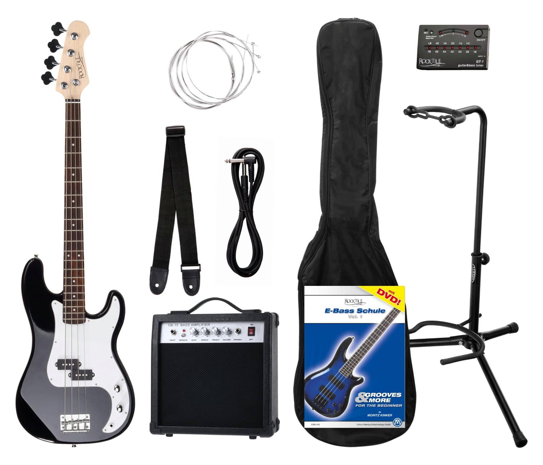 Rocktile E-Bass PB Precision-Style Bassgitarre, Spar-Set, inkl. Verstärker, Metro-Tuner, Gigbag, Gurt, Kabel & Gitarrenständer, inkl. Verstärker, Gigbag, Gurt, Kabel, Metro-Tuner und Gitarrenständer