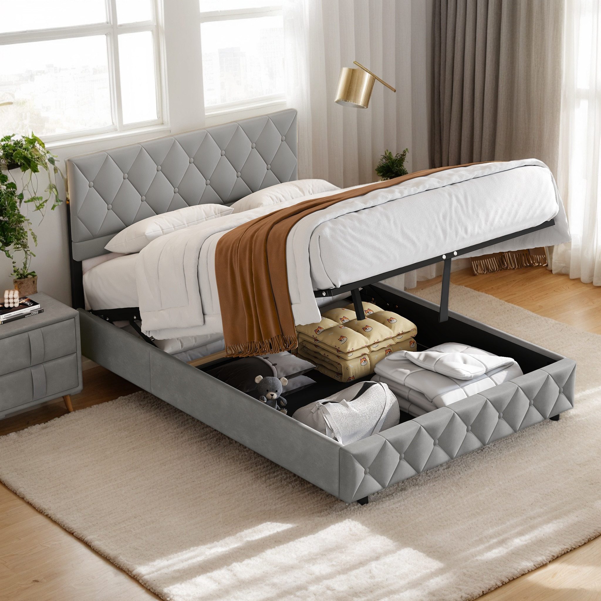 HAUSS SPOLE Polsterbett mit Bettkasten,hydraulische Funktionsbett Stauraumbett (Strapazierfähig und schmutzabweisend,elastische Polsterung, 140 x 200 cm mit Lattenrost ohne Matratze), Lattenrost, schlichtes Design