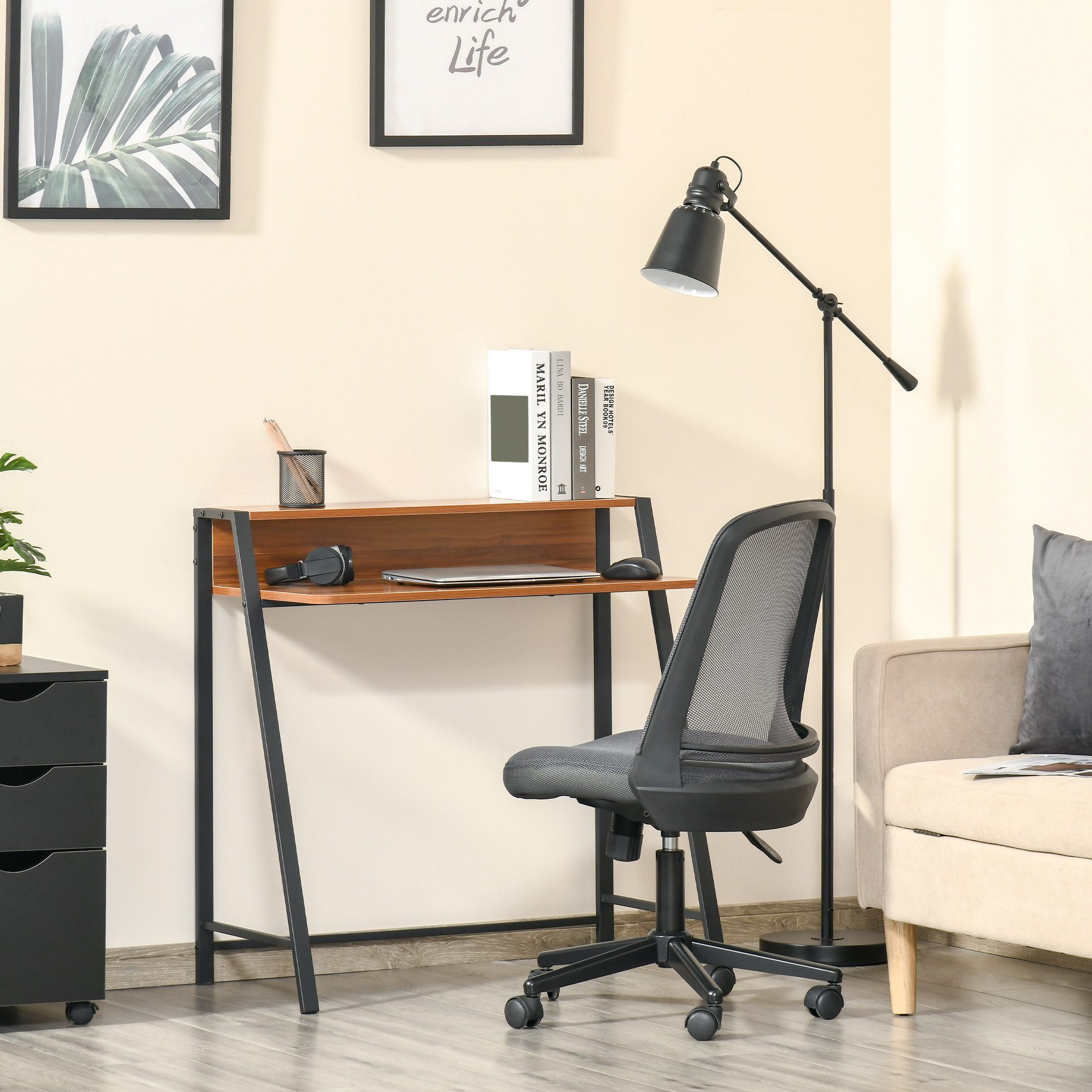 HOMCOM Schreibtisch Schreibtisch mit Ablage & Kabelmanagement, Metallgestell (Computertisch, 1-St., Bürotisch), Metall Walnuss+Schwarz 84 x 45 x 85 cm