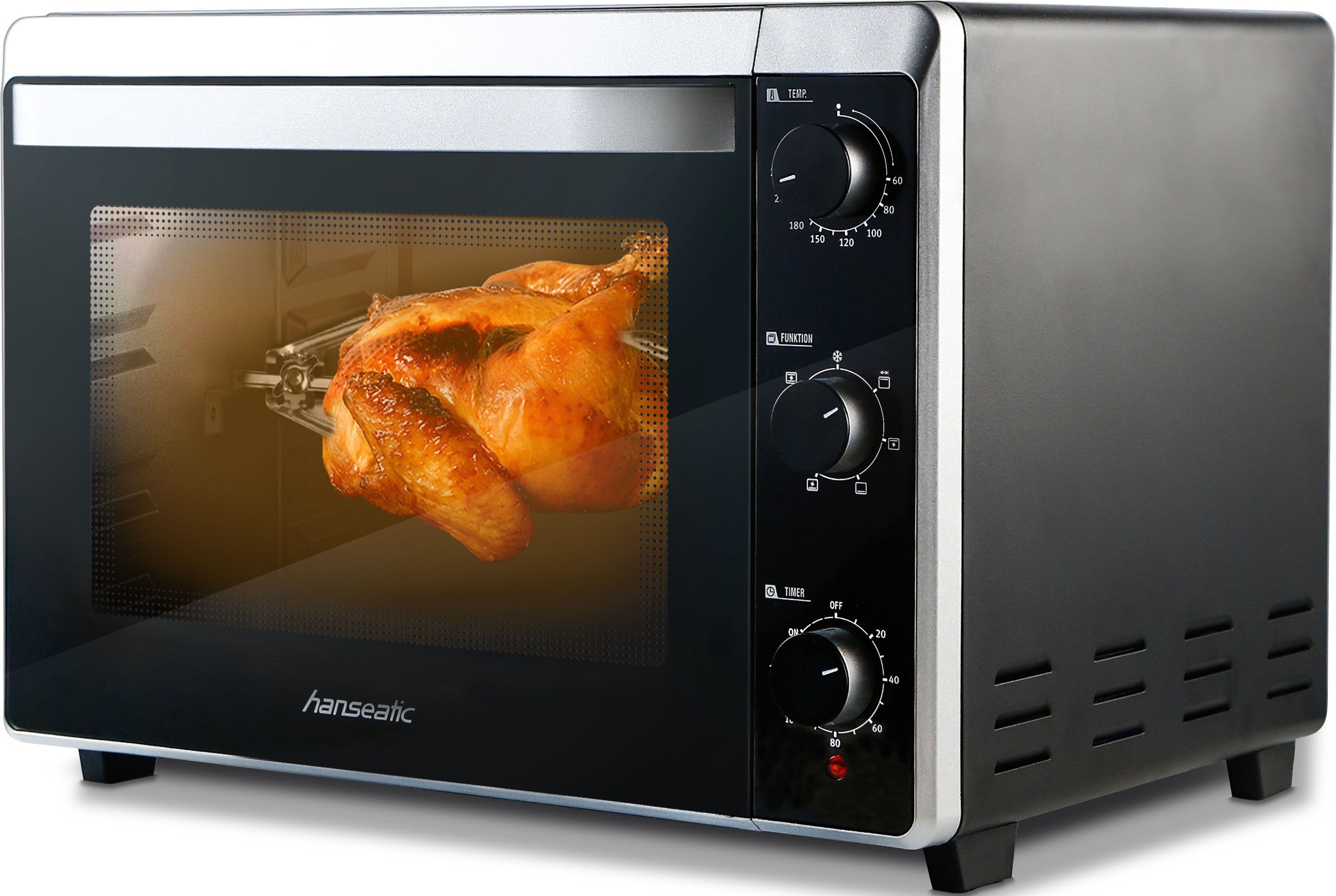 Hanseatic Minibackofen XXL Volumen 42 L, Zeitschaltuhr, motorischer Drehspieß, 7 Funktionen, Grillrost, Fettpfanne