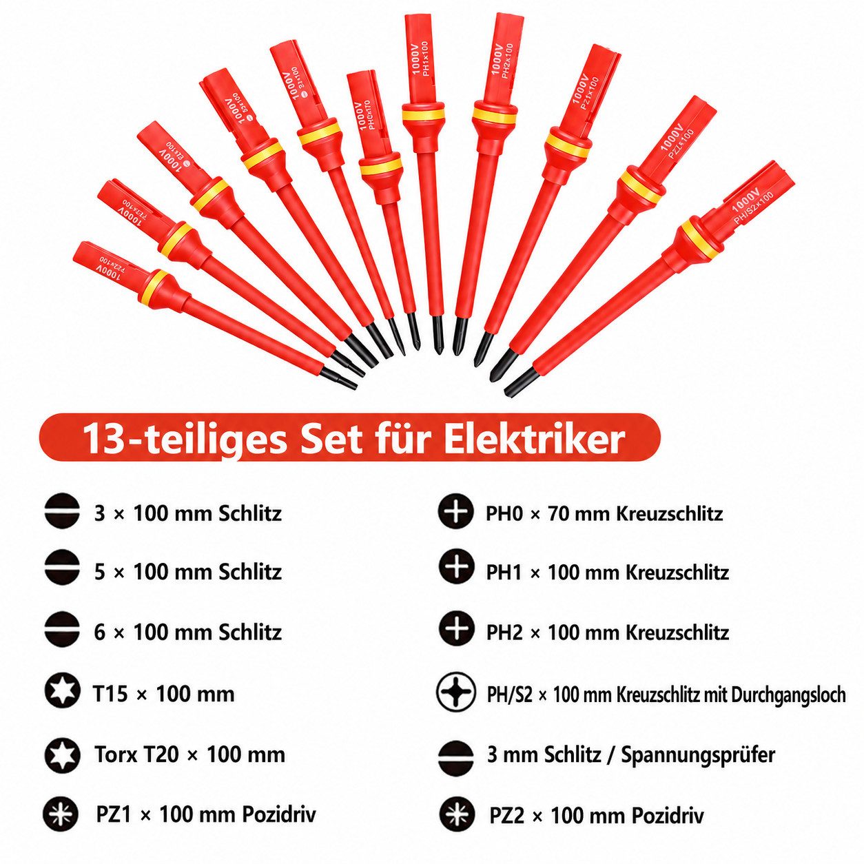 BlingBin Schraubendreher 13 Stücke VDE Isolierte Schraubendreher Set, (1er Set, 13 St., 11pcs Schraubendreherköpfen + 1 x Teststift + 1 x Schutzhülle), für Spannungen bis 1000V, Schraubendreher Köpfen, Flachen Kreuzschlitz