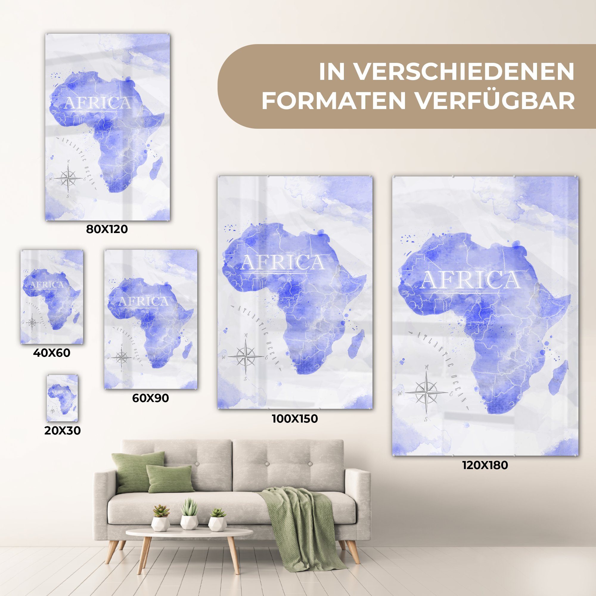 - (1 Wasserfarben Weltkarten auf - Glas Wanddekoration - auf Blau, Acrylglasbild Glas Wandbild Foto St), Bilder - MuchoWow Glasbilder -