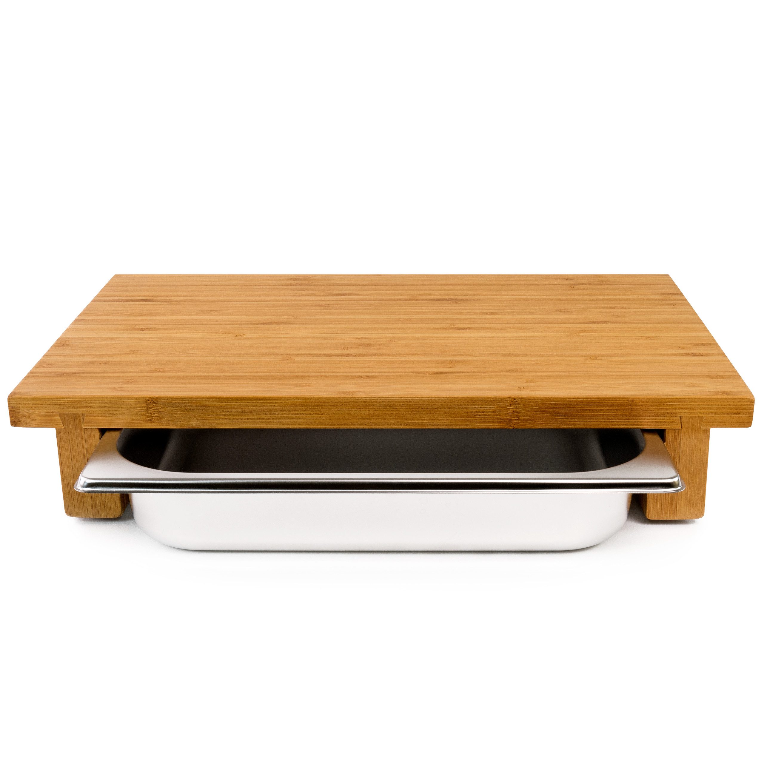 cleenbo Schneidebrett mit Auffangschale - Profi Holz Küchenbrett aus Bambus- 43 x 29 x 7,5cm, Holz, Antibakterielles Holzbrett mit Auffangschale aus Edelstahl