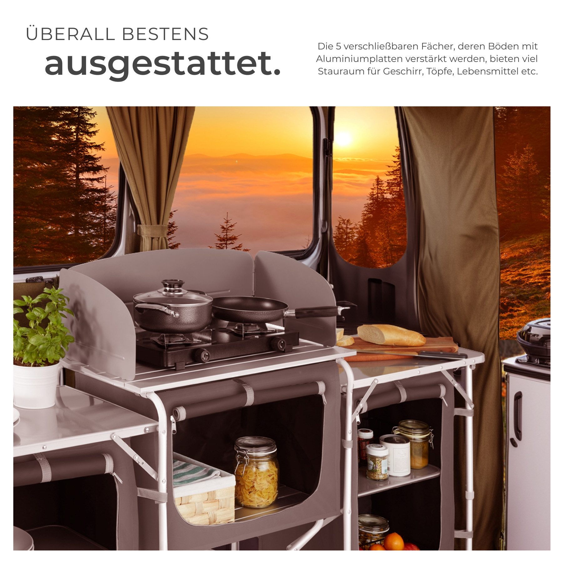 tectake Campingtisch Campingküche XXL mit Aluminiumgestell und 5 Fächern (Outdoor küchenausstattung, 1-St., in Grad), Hitzebeständige Arbeitsplatte mit Windschu – Bild 4 von 5