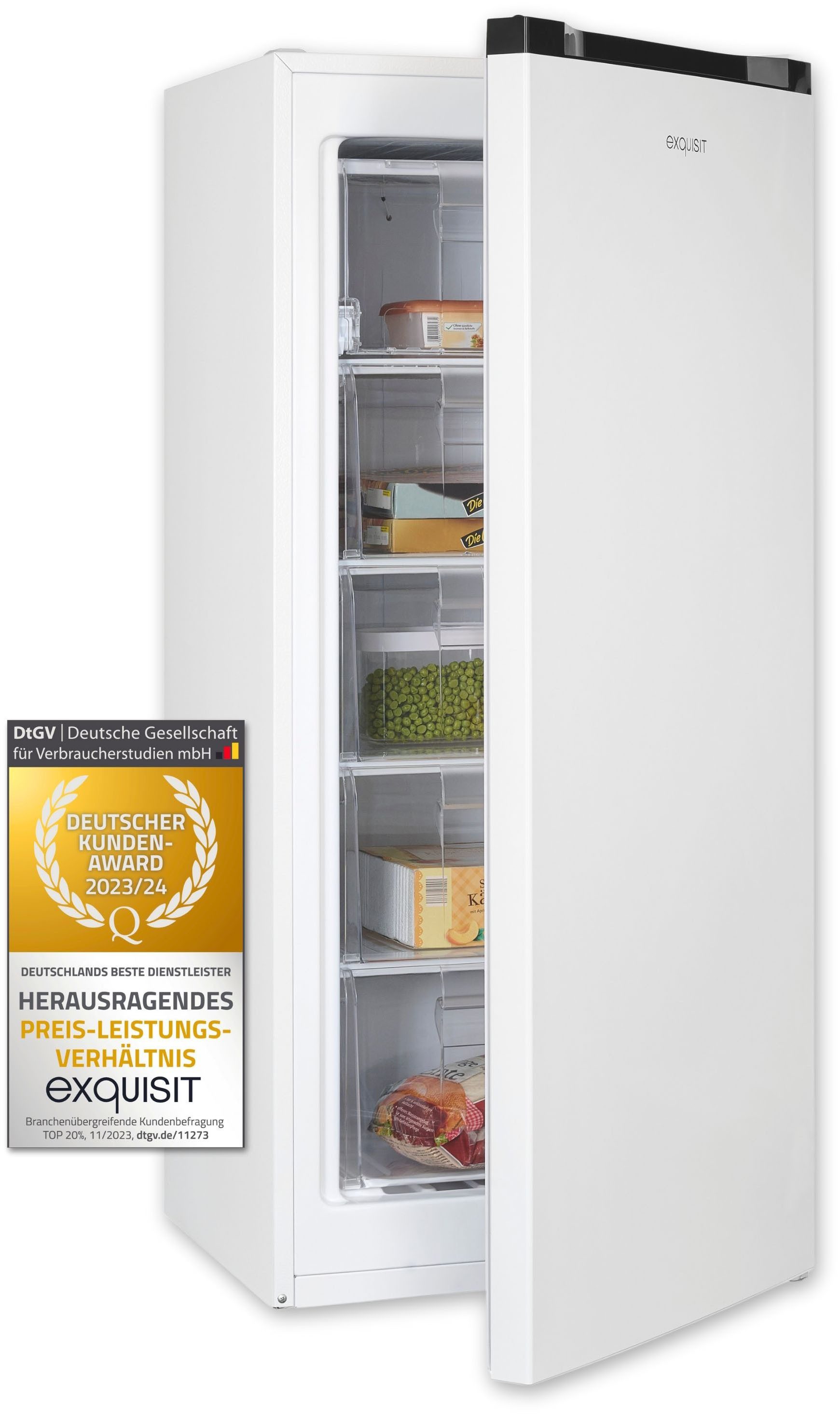 exquisit Gefrierschrank GS145-051D weiss, 125,9 cm hoch, 54 cm breit, 4*-Gefrierschrank mit 4 Schubladen & 2 praktische Abtauverfahren