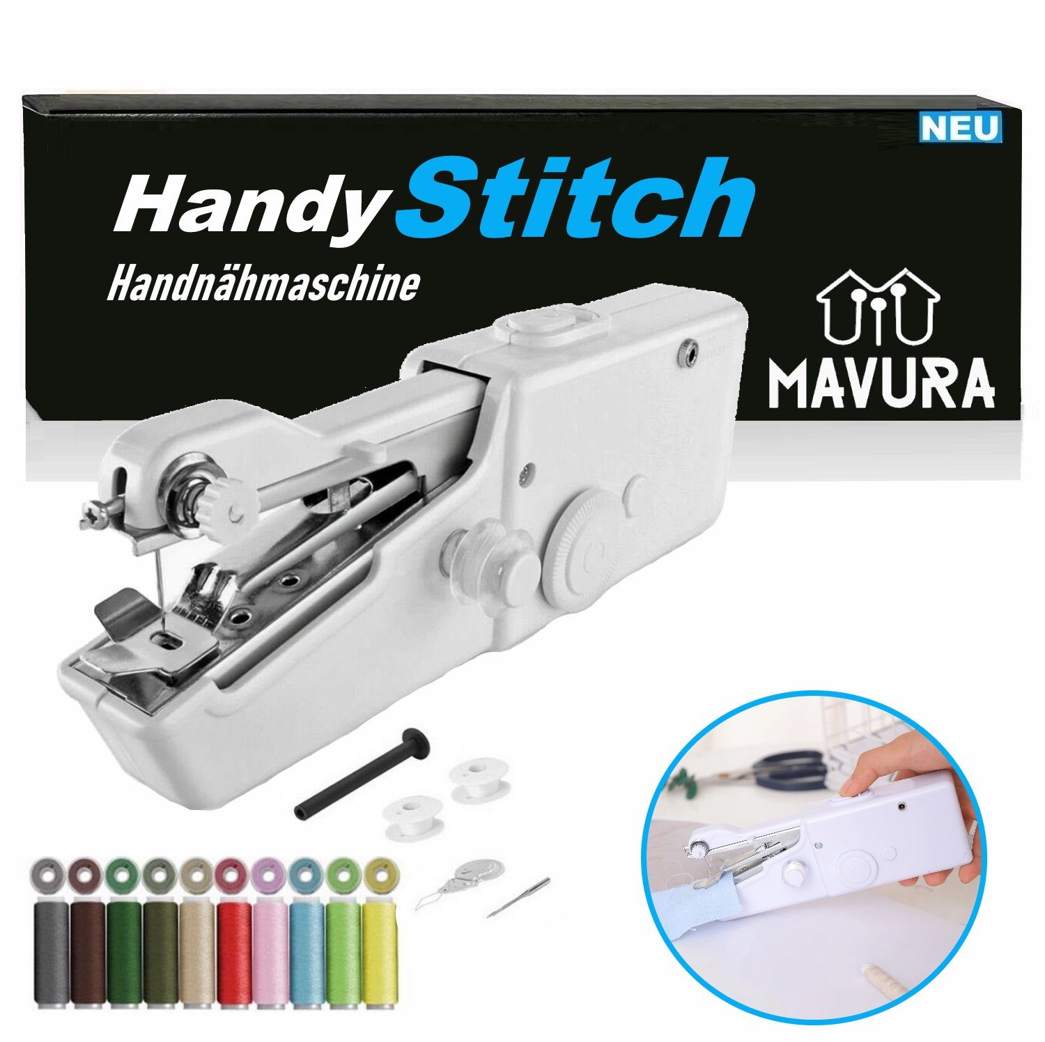 Handnähmaschine, Garne MAVURA Reisenähmaschine HandyStitch elektrisch Set Nähmaschine nähen Reise Hand Batterie Nähmaschine Mini extra