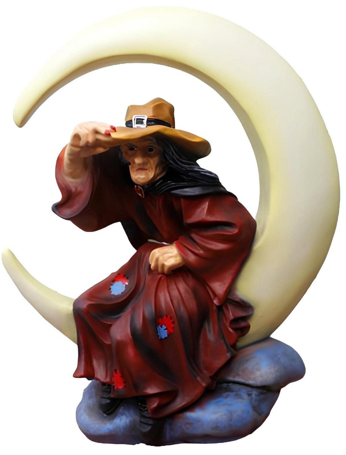 Dekofigur Hexen-Skulptur mit Mond, detailreiche Harzfigur in lebendigen Farben