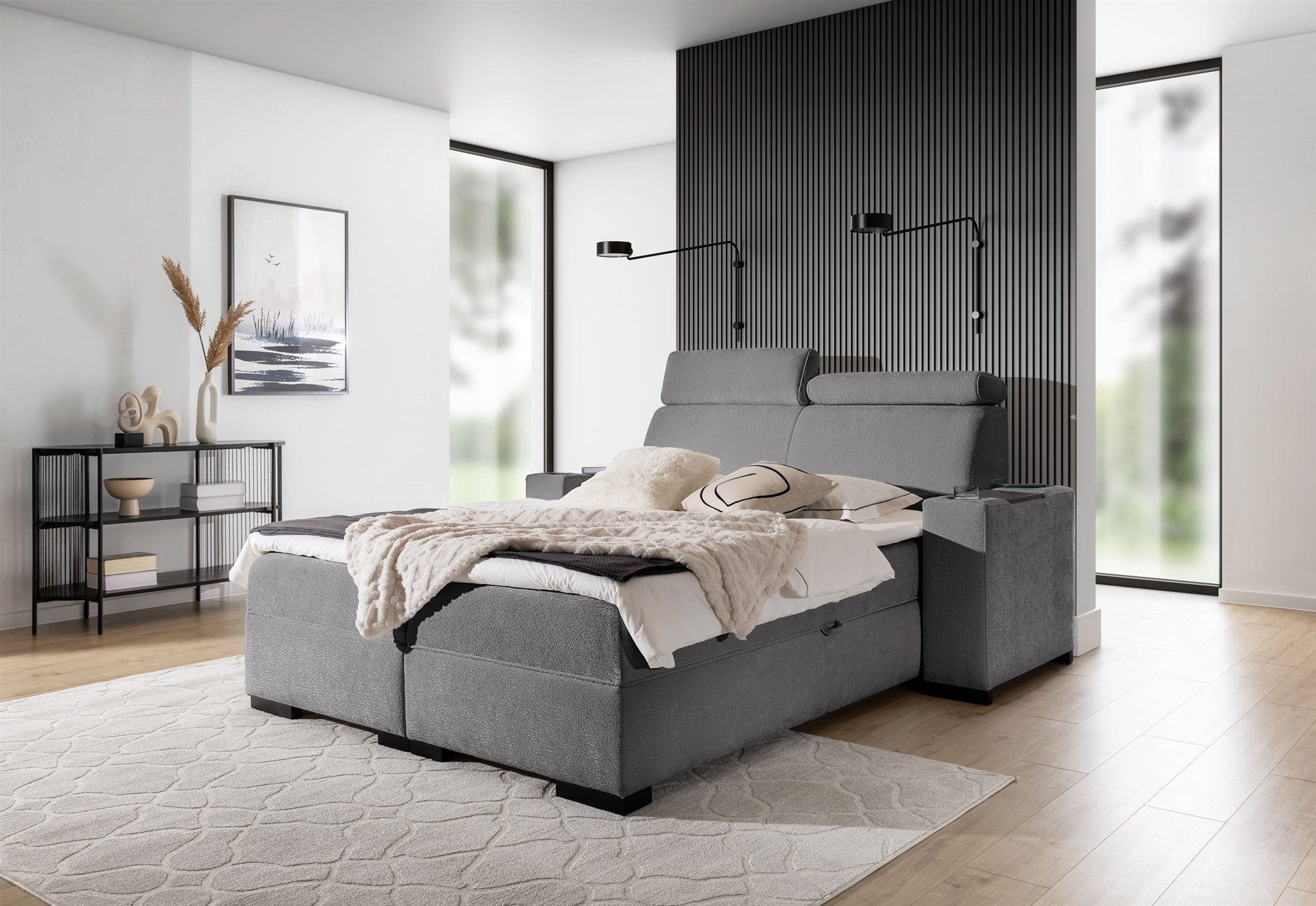 Fun Möbel Boxbett Bett NESTOR in Stoff Dress Me Set.1 (Erhältlich auch mit 2 x Nachttisch, Einstellbare Kopfstützen), Inkl. 2 x Bettkasten und Topper