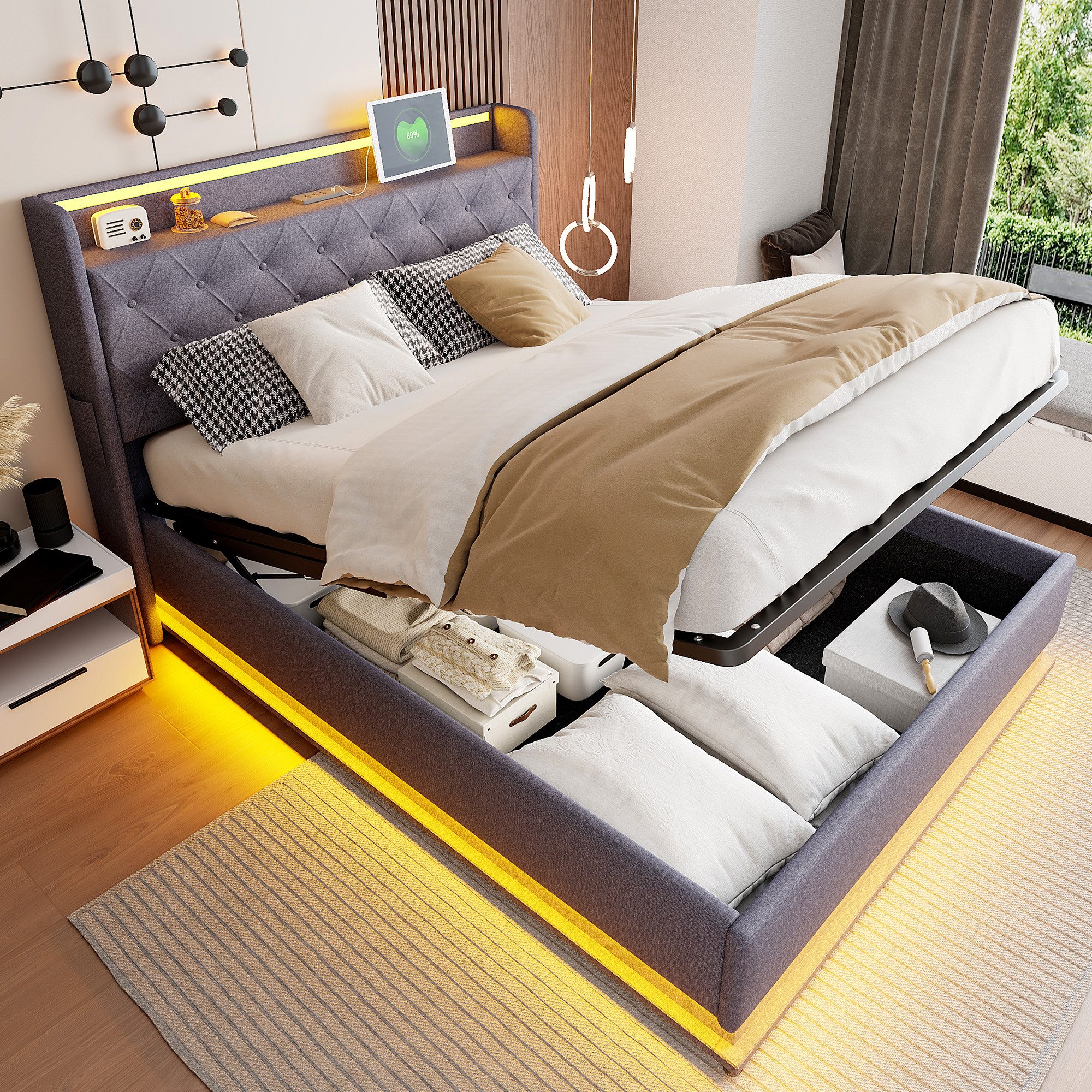 Merax Polsterbett mit LED-Beleuchtung & USB-Ladeanschluss günstig online kaufen