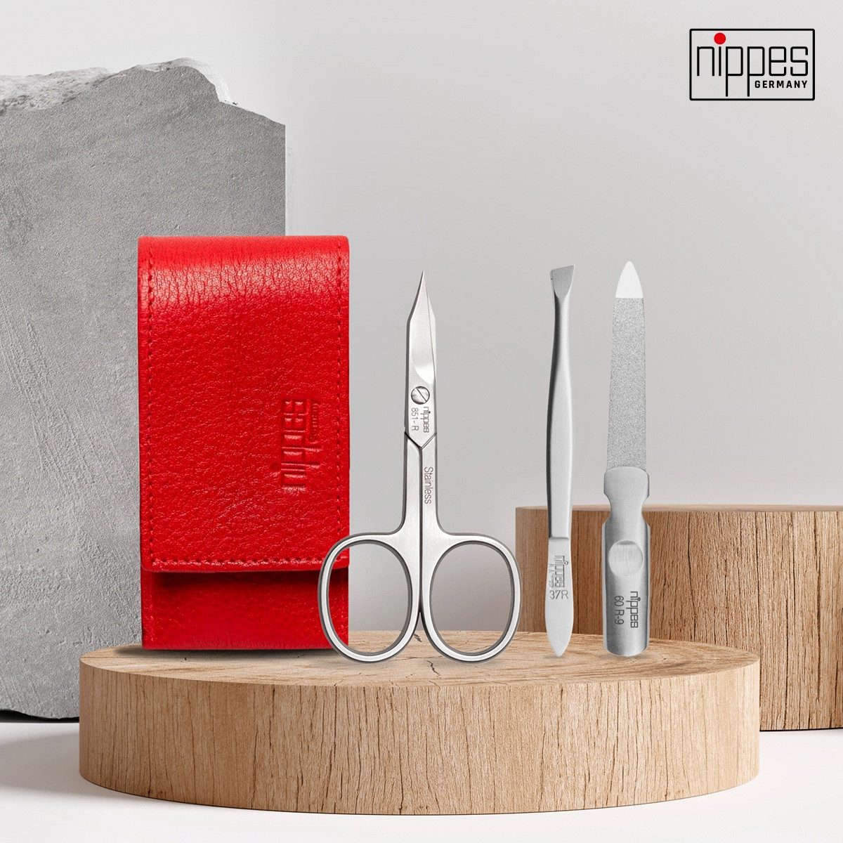 nippes Solingen Maniküre-Etui Maniküre Set WILD RED mit Rindleder-Etui, Instrumente aus Edelstahl, 3 tlg.