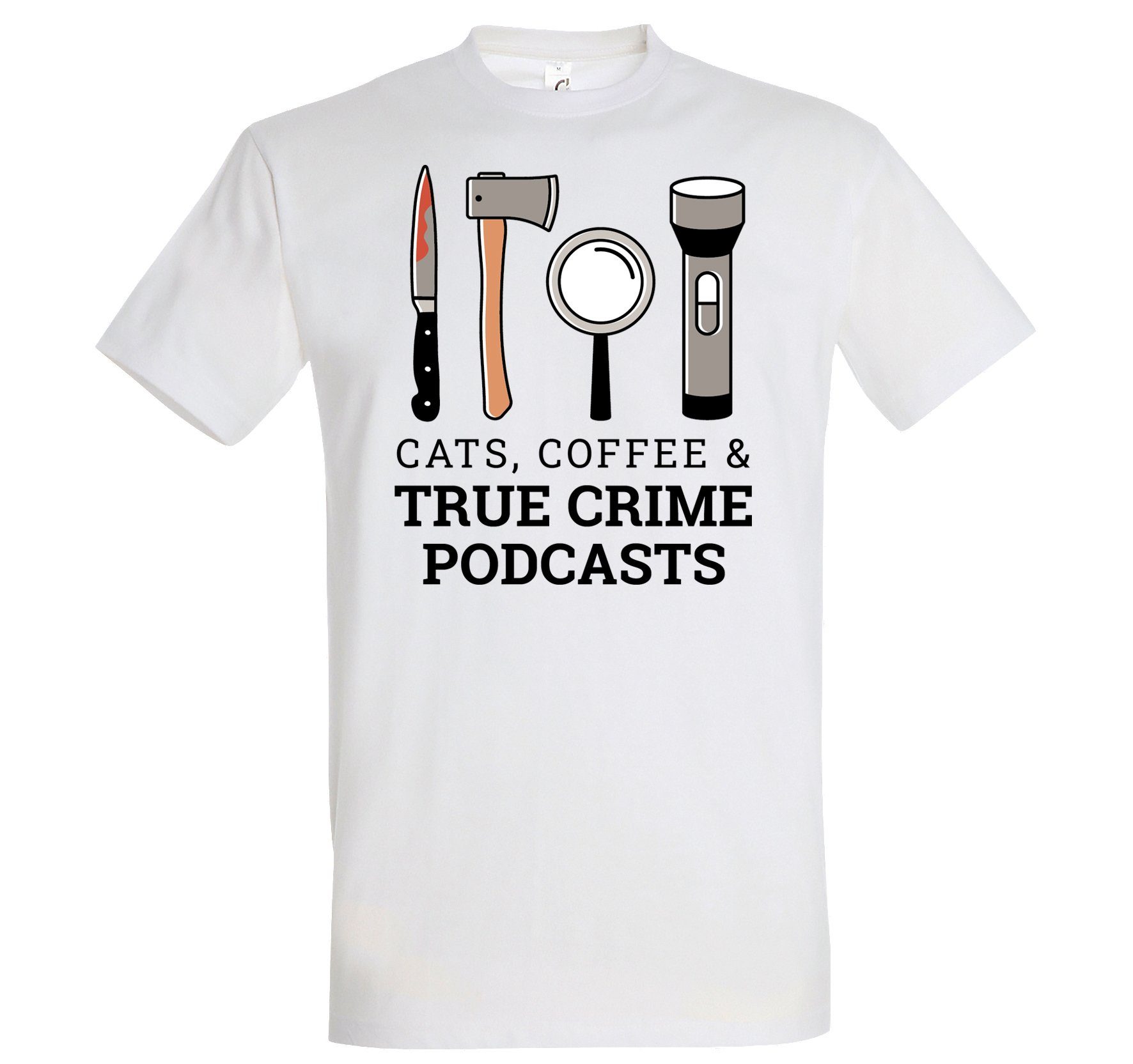 Youth Designz T-Shirt CATS COFFEE & TRUE CRIME PODCASTS Herren Shirt Mit Lustigem Aufdruck Weiss