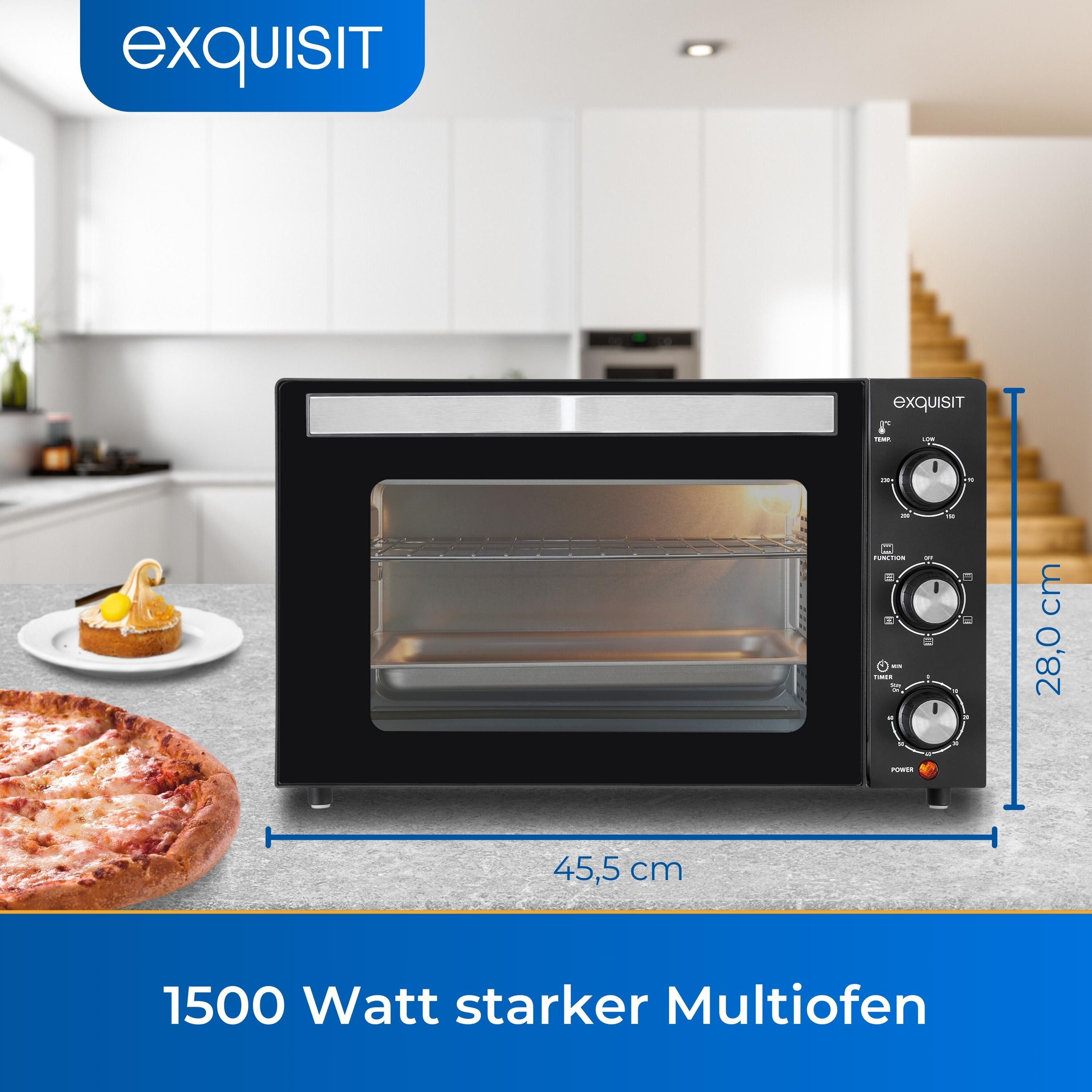 exquisit Minibackofen MO 3302 sw, 1500 Watt Minibackofen, inkl. Timer und motorischer Drehspieß
