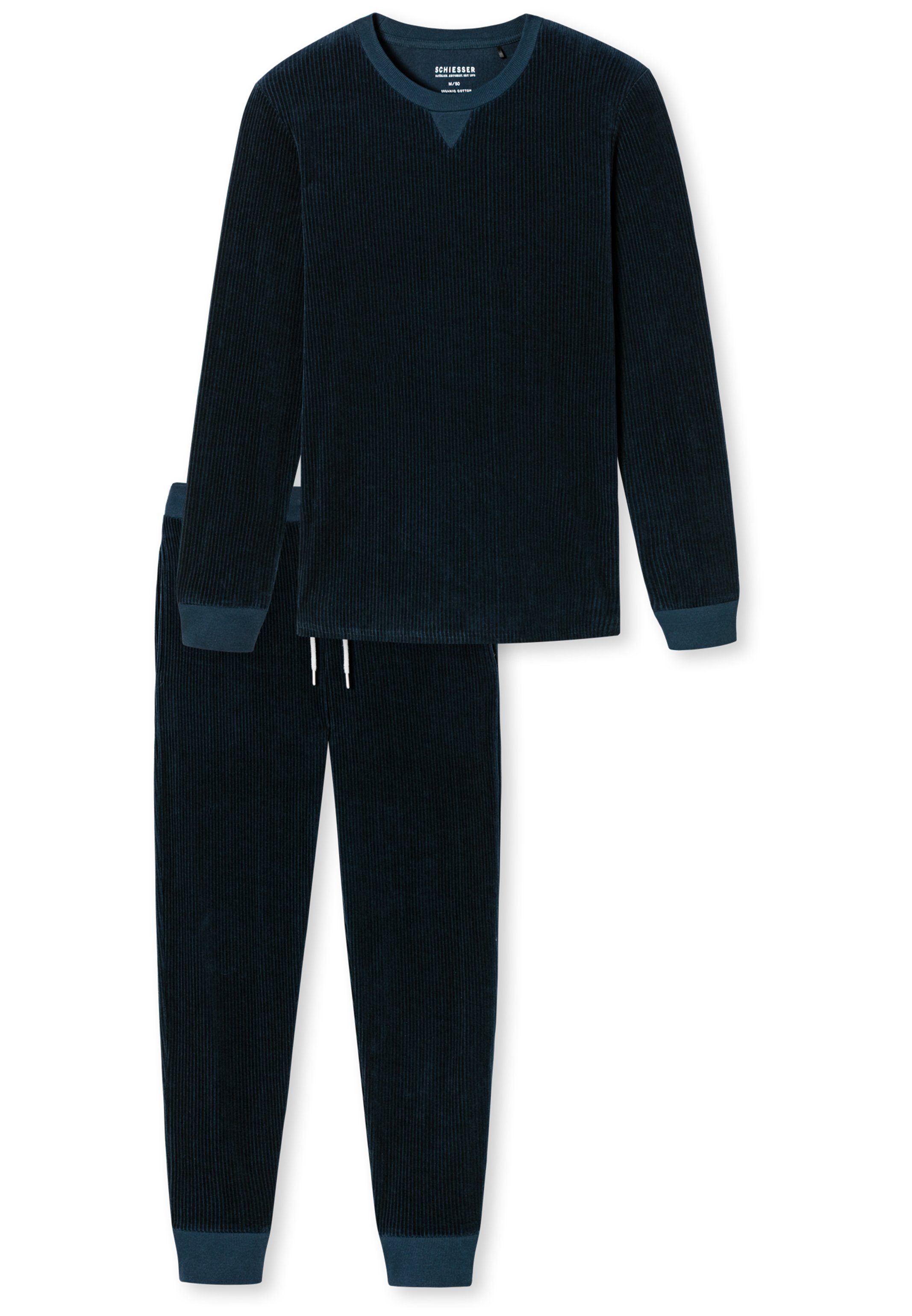 Schiesser Pyjama Warming auf Haut Angenehm Velour (Set, Baumwolle tlg) - der 2 - Nachtblau Nightwear Schlafanzug