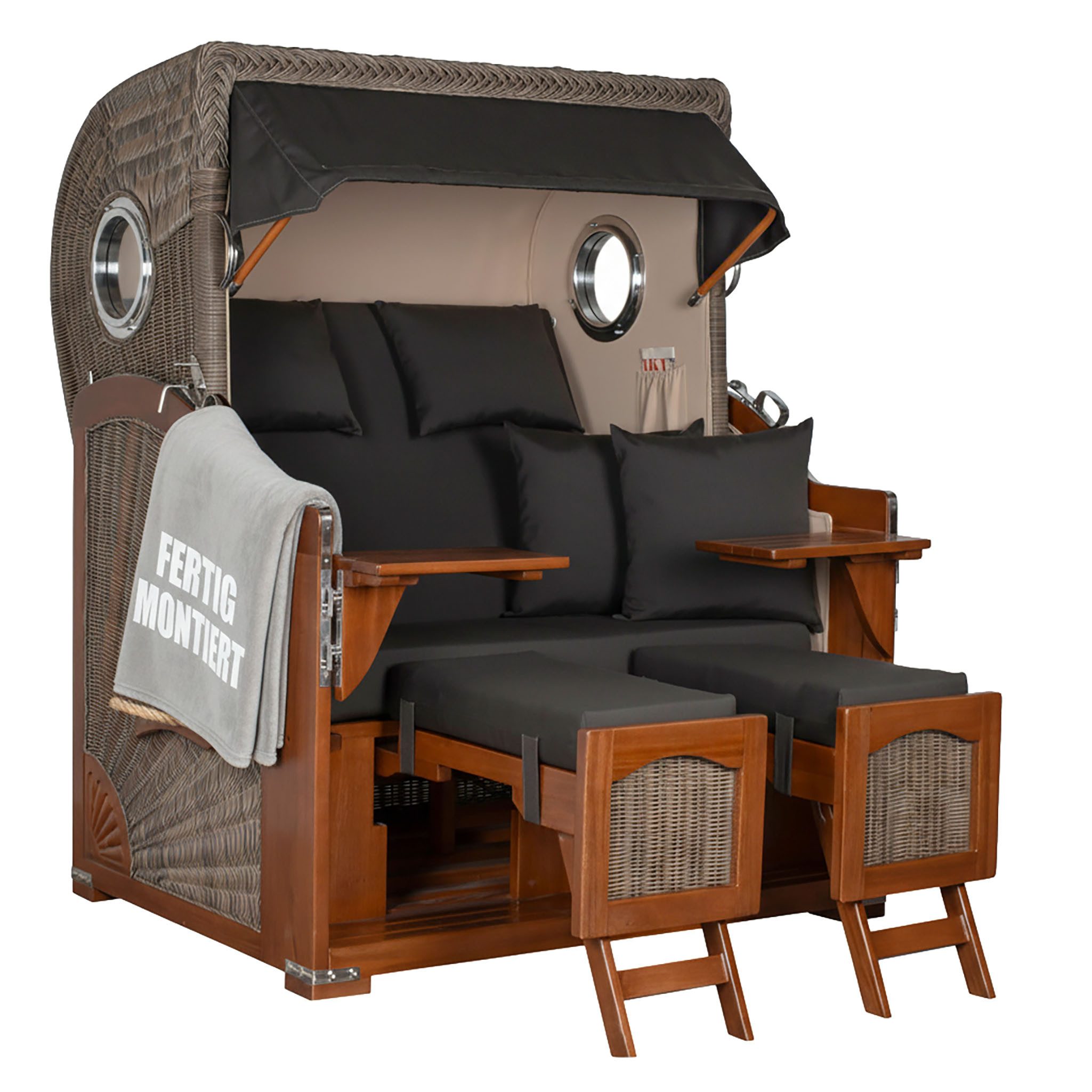 MR.DEKO Strandkorb 2-Sitzer Düne Bullauge Vollholz PE-Geflecht grau 125x170x80, BxTxH: 125x80x170 cm, 2-Sitzer Strandkorb, Strandkorb Düne Bullauge, (Fertig montierter Strandkorb für Garten, Terrasse & Balkon), Wetterfester Volllieger mit Edelstahlbeschlägen & waschbaren Polstern