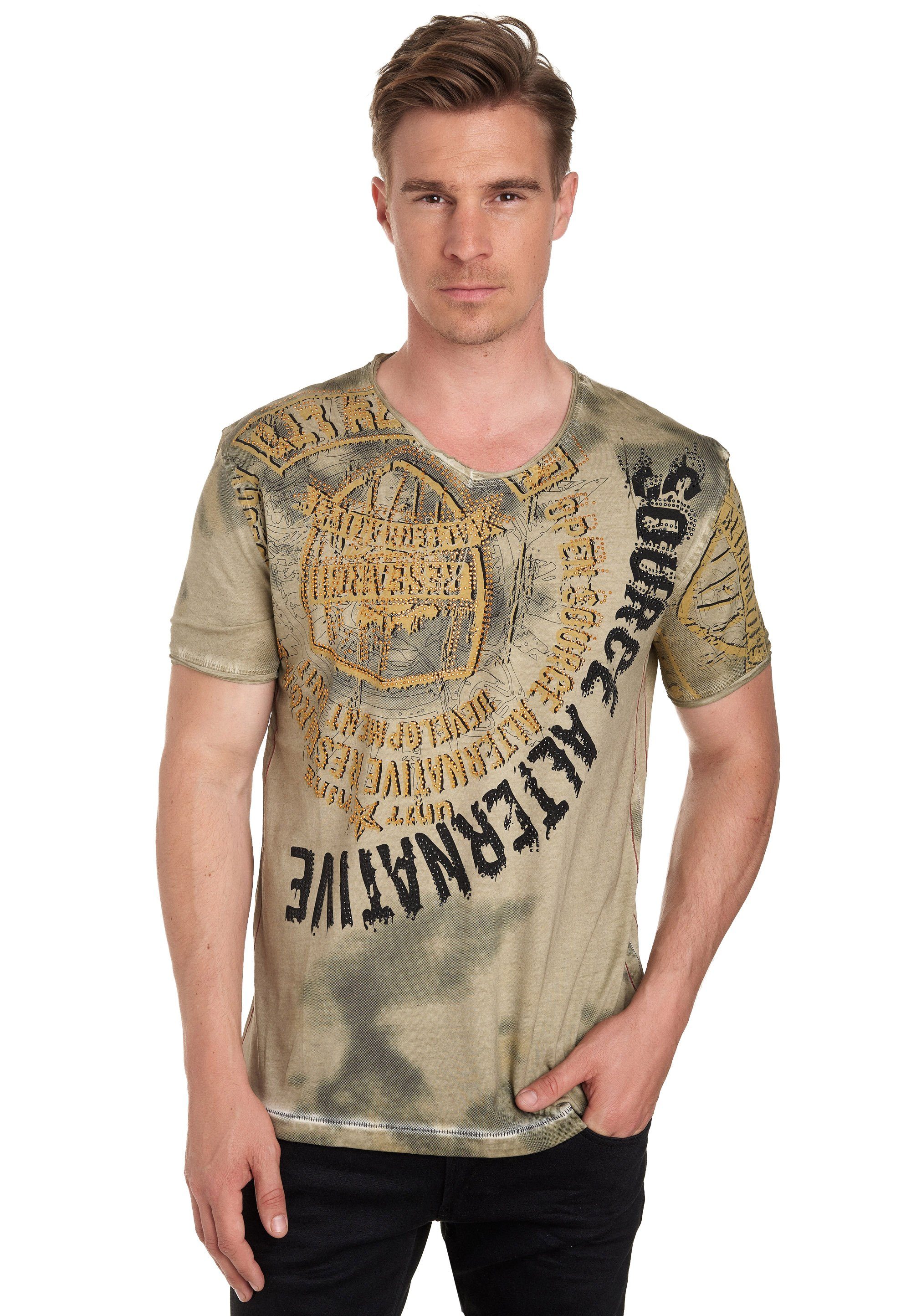 Rusty Neal T-Shirt mit Strasssteinen und Frontprint khaki