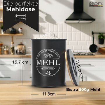 IDEALTASTIC Vorratsdose Premium Mehl Aufbewahrung schwarz, (Luftdichte Mehldose 500g für die Küche, Vorratsdose Mehl), Robuster Mehlbehälter mit zeitsparendem Deckel