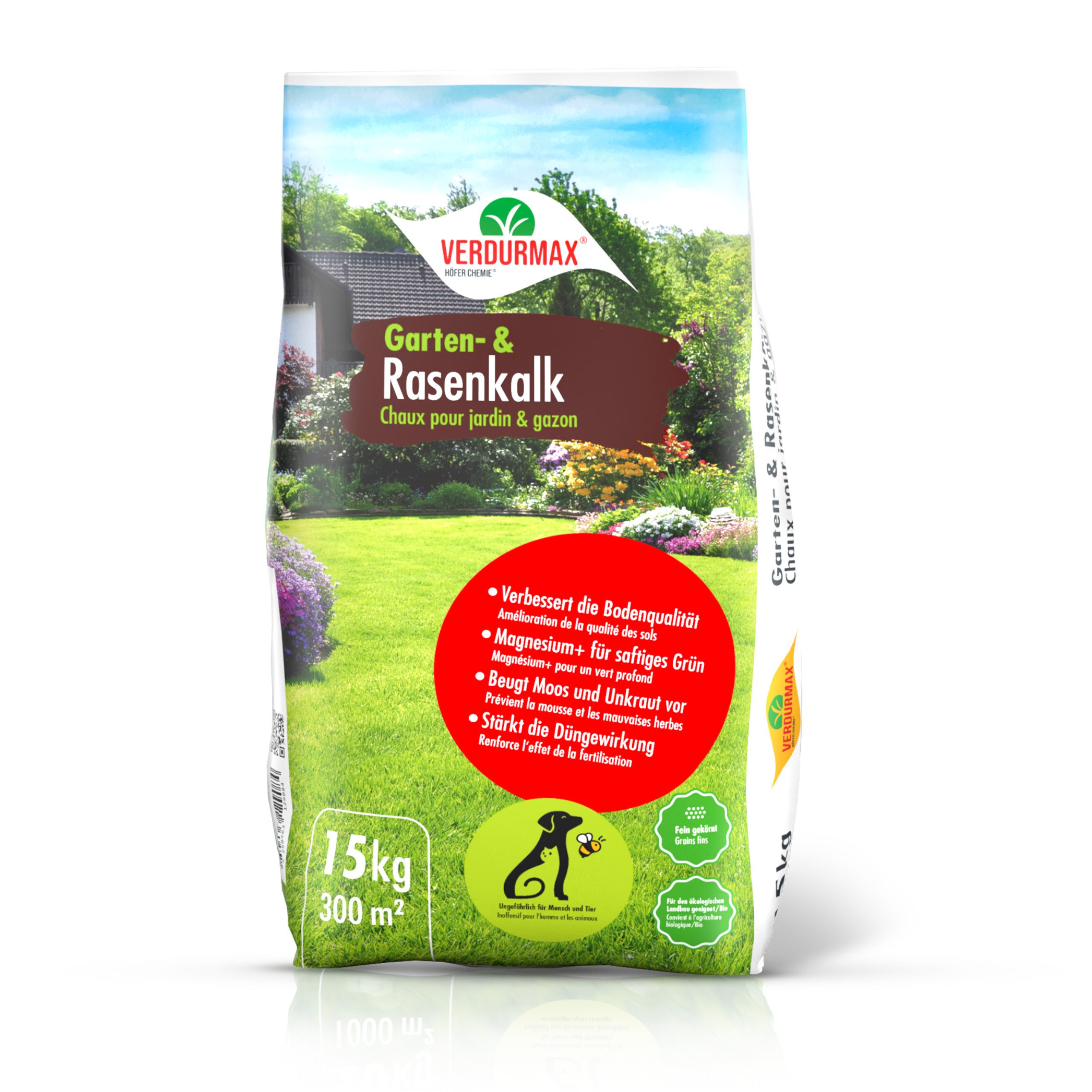 Höfer Chemie GmbH Rasenkalk 15 kg VERDURMAX® Garten- und Rasenkalk, Rasenkalk, 1-St., Verbessert den Boden und stärkt den Rasen