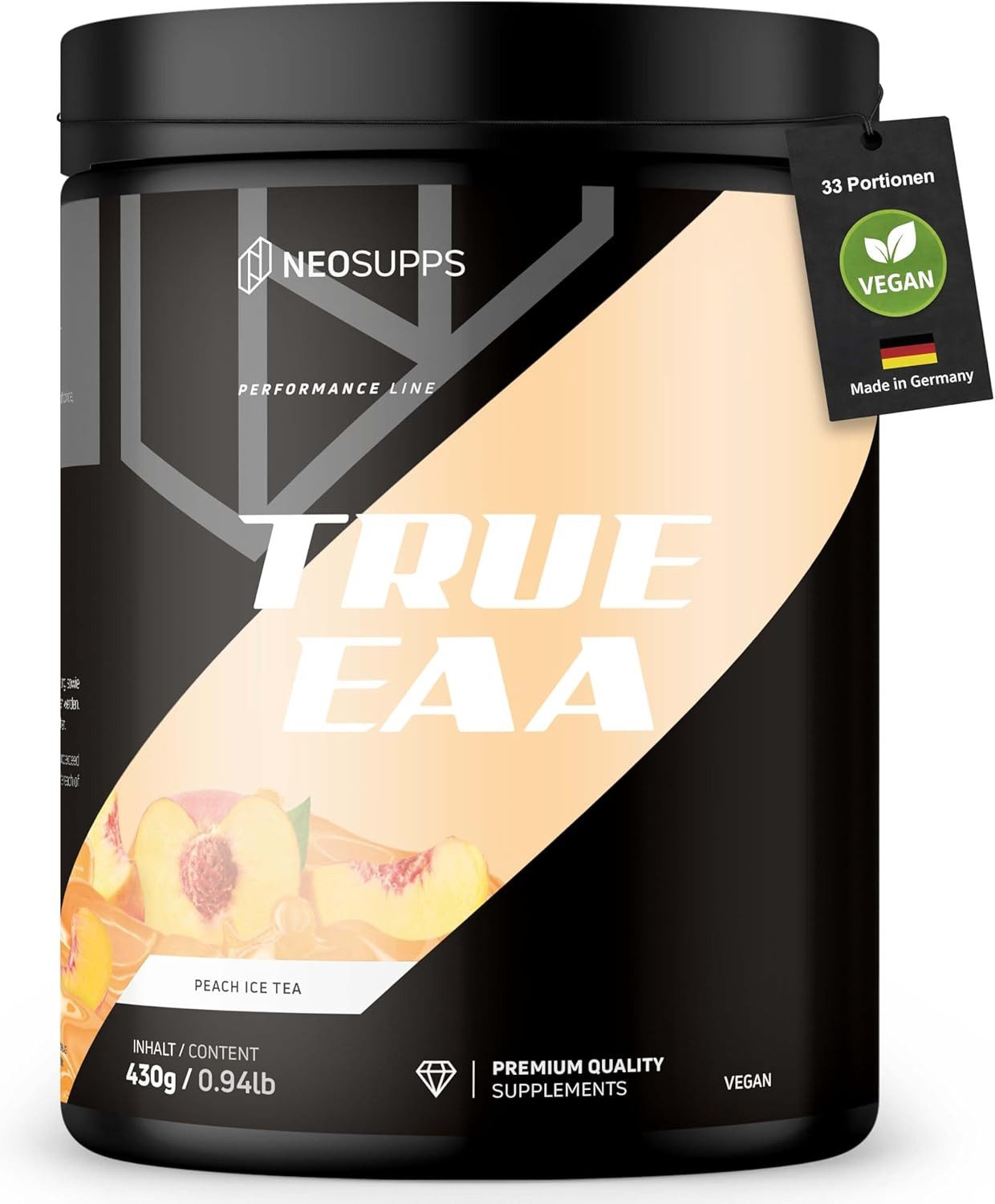 Neosupps EAA Pulver Peach Ice Tea 430g, hochdosiert 10.300mg EAAs pro Portion Pulver, 430 g, Hochwertige Essenzielle Aminosäuren für vor & während des Trainings