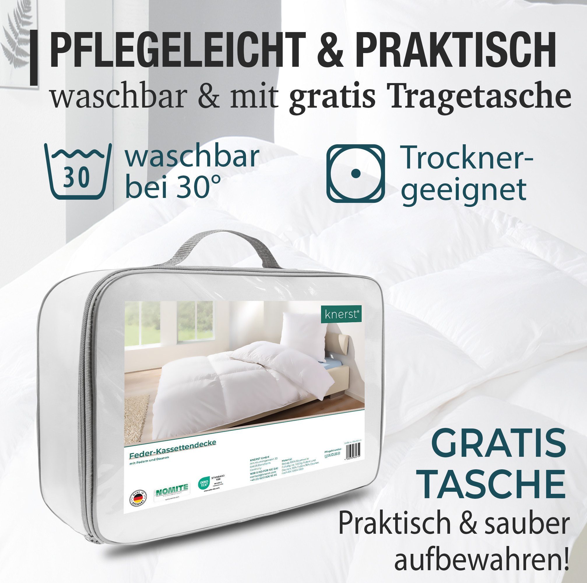 KNERST Federbettdecke - Bettdecke mit Daunen & Federn, Füllung: 90% Federn und 10% Daunen, 135x200 cm, Baumwollbezug, atmungsaktiv – Bild 4 von 5