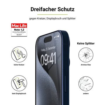 Artwizz SecondDisplay, 3er Pack, Displayschutz aus Hartglas mit 9H Schutzgrad für iPhone 15 / 15 Pro, Displayschutzglas, Hartglas